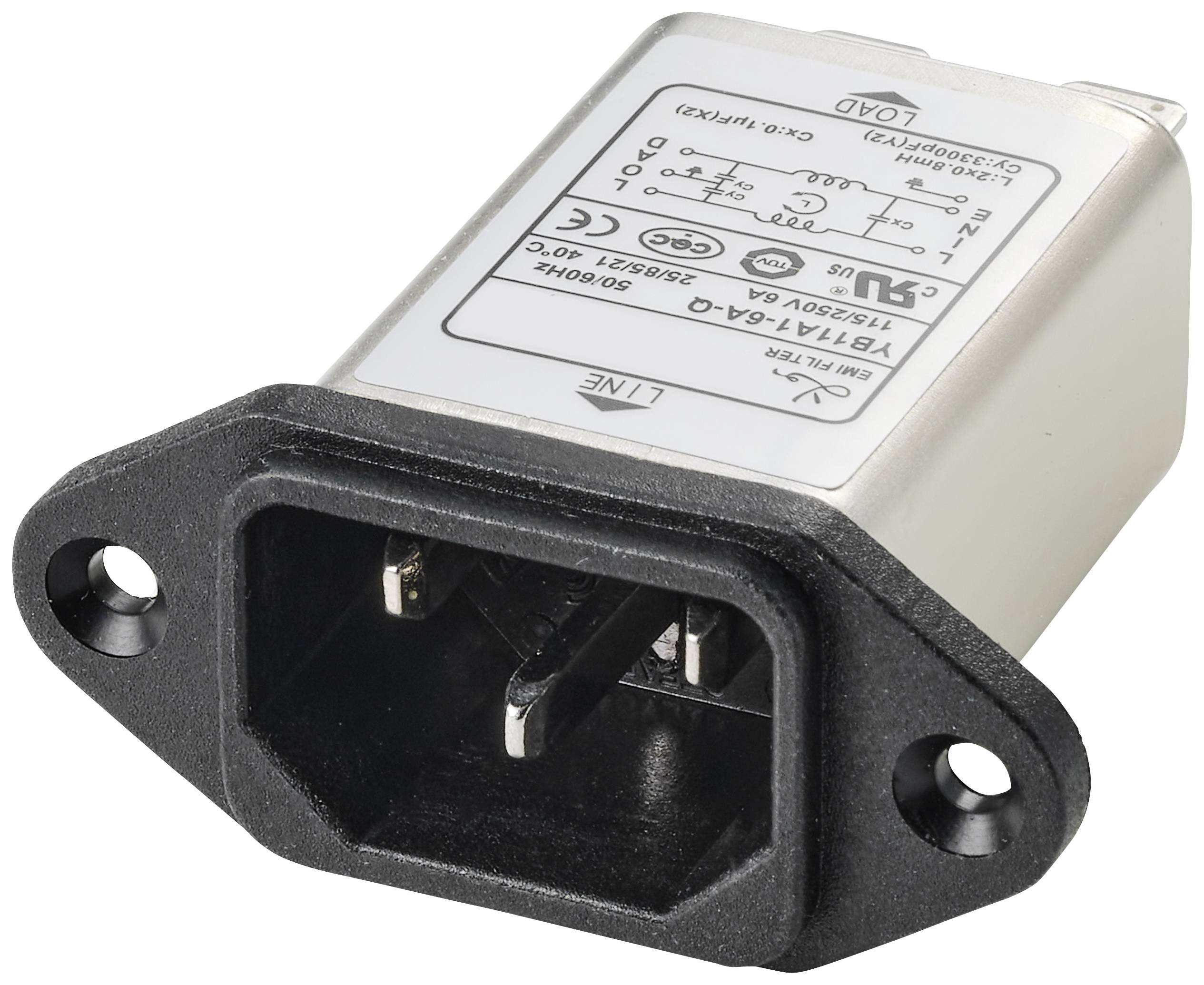 Ein rechteckiger elektrischer Netzfilter mit schwarzem Gehäuse und Metallrückseite, zeigt Anschlüsse und technische Spezifikationen auf der Oberseite.
