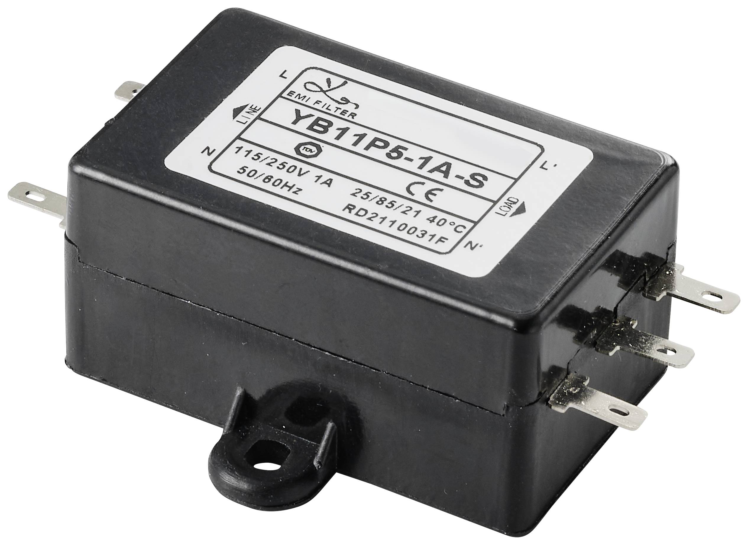 Schwarzer EMV-Filtertyp YB11P5-1A-S, mit Anschlüssen an den Seiten; geeignet für elektrische Geräte mit 115/250V, 50/60Hz, 1A.