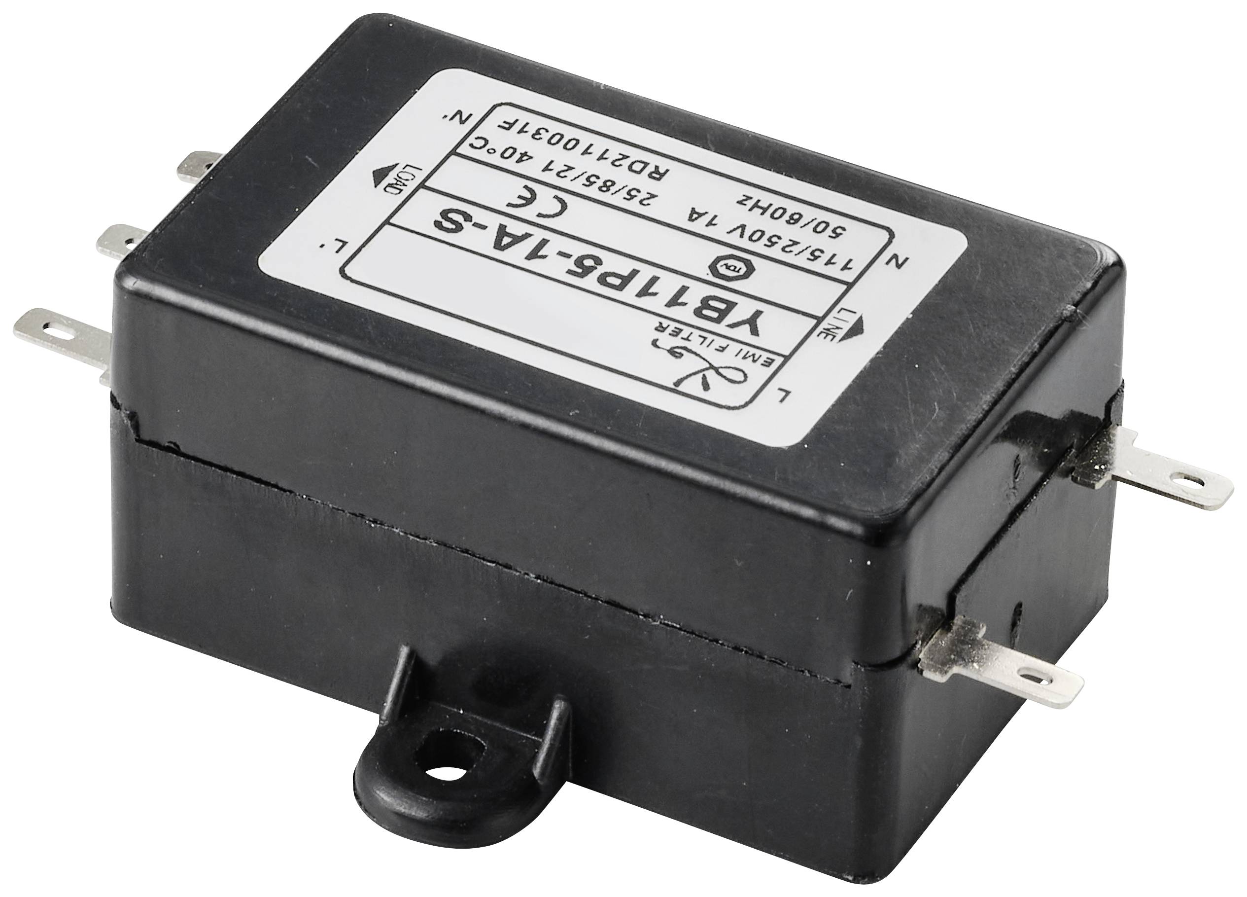 Schwarzer rechteckiger Elektronikkomponente mit silbernem Etikett, das Modell- und Seriennummern anzeigt.