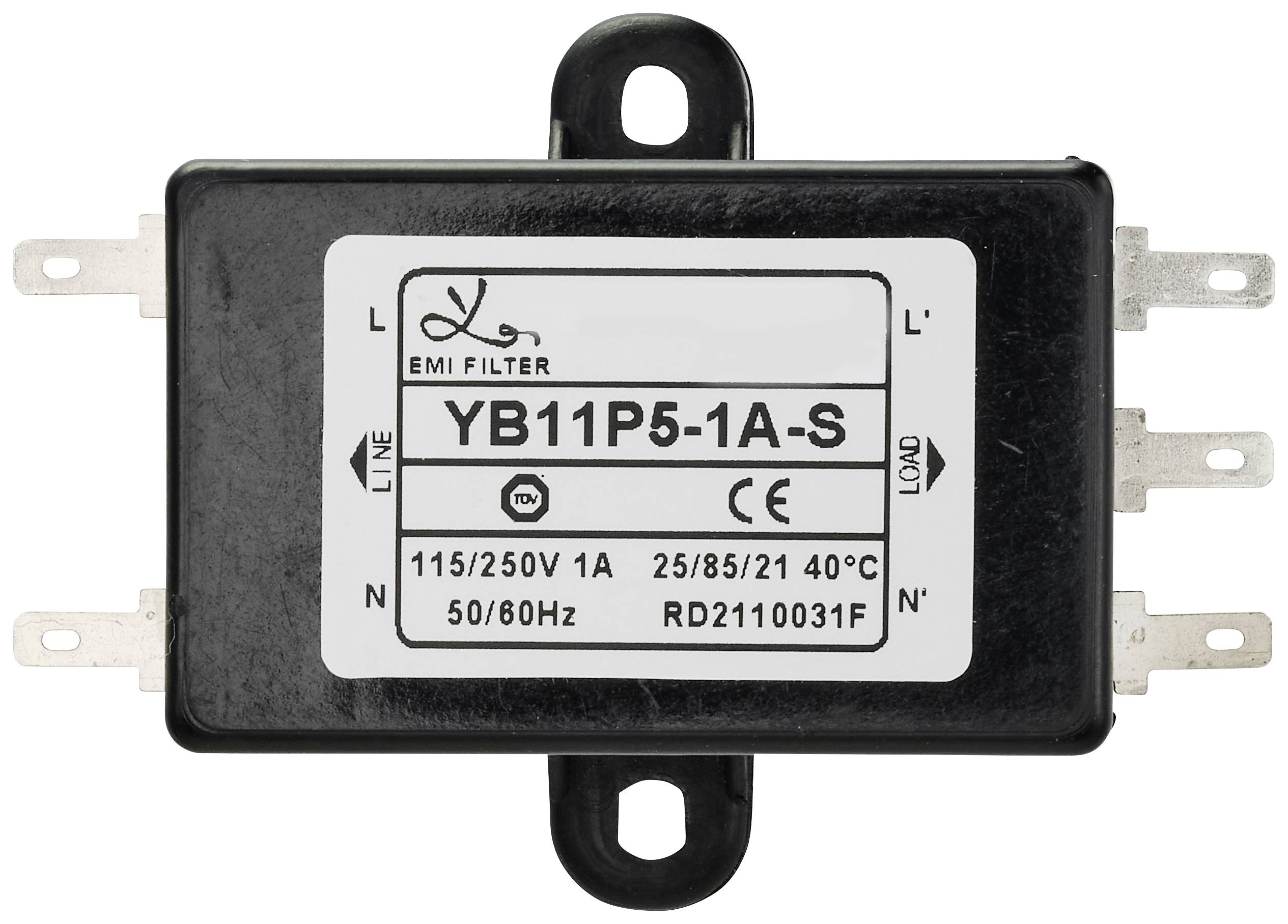 'EMI FILTER' mit Produktnummer 'YB11P5-1A-S'. Technische Daten: 115/250V 1A, 25/85/21 40°C, 50/60Hz. Schwarzes Gehäuse mit sechs Anschlüssen.