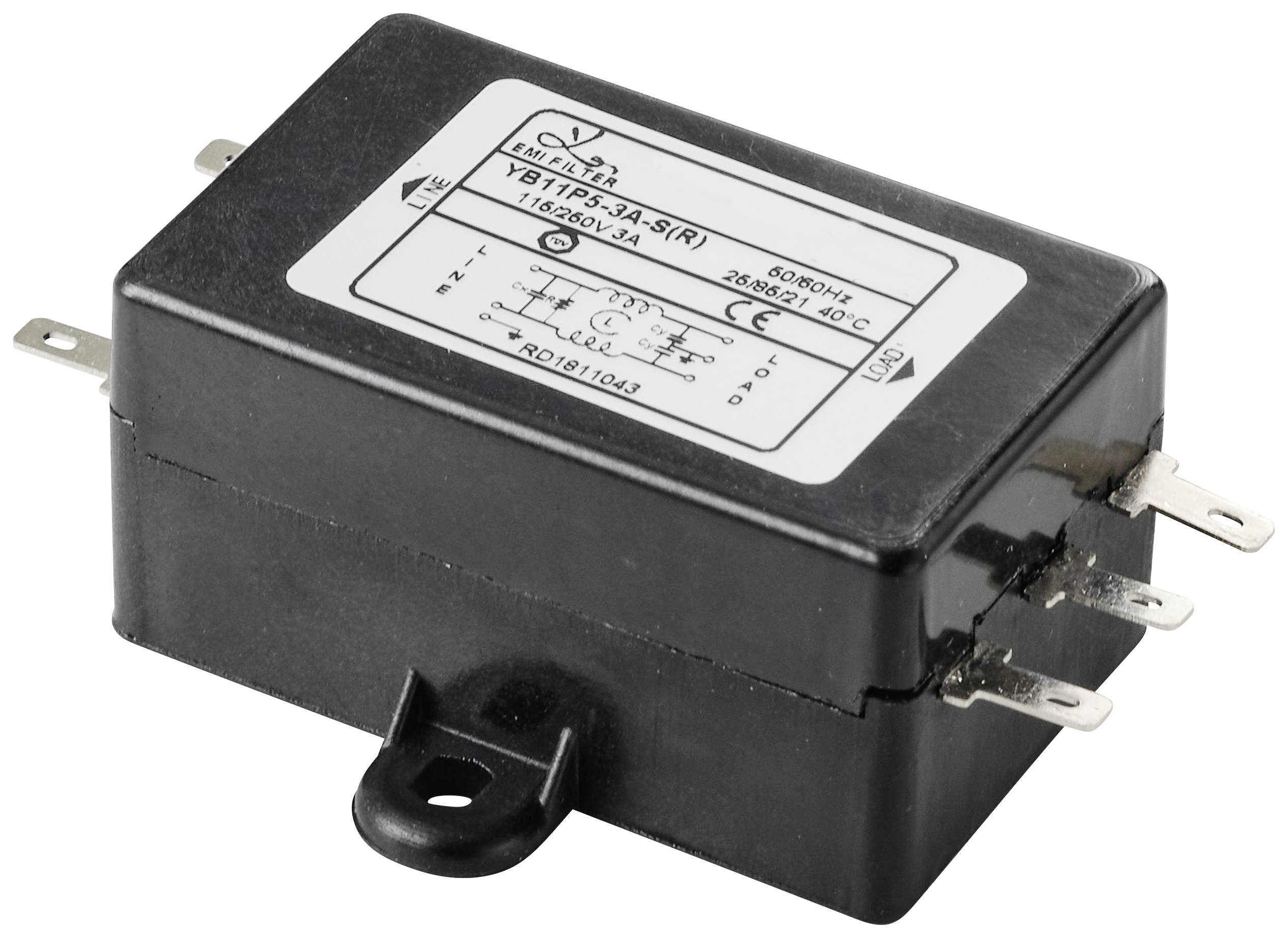 Ein rechteckiger elektrischer Entstörfilter mit schwarzem Gehäuse und fünf Metallanschlüssen auf einer Seite.