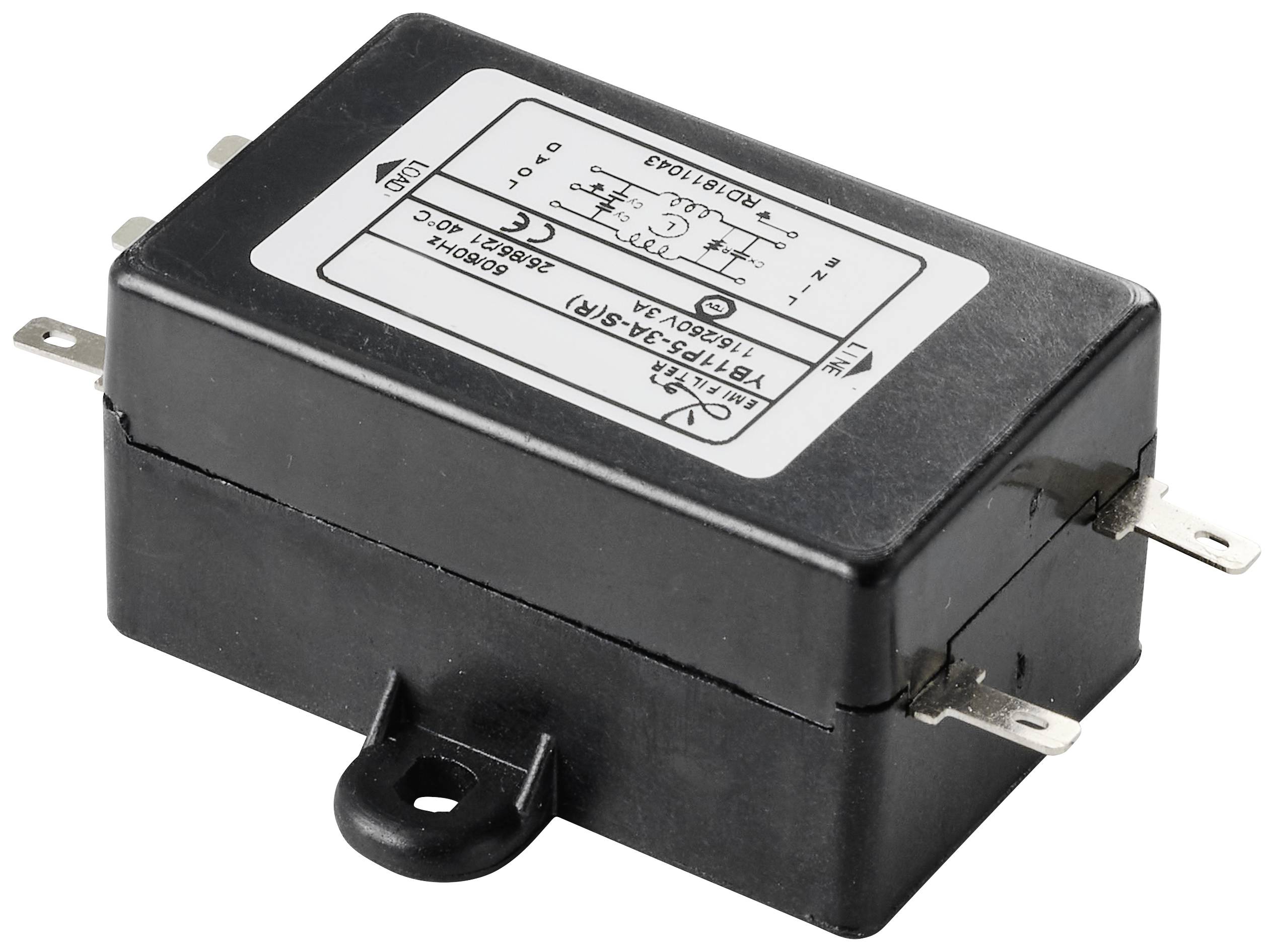 Ein rechteckiger elektrischer Bauteilfilter mit mehreren Anschlussdrähten. Aufkleber zeigt technische Spezifikationen und Schaltbild.