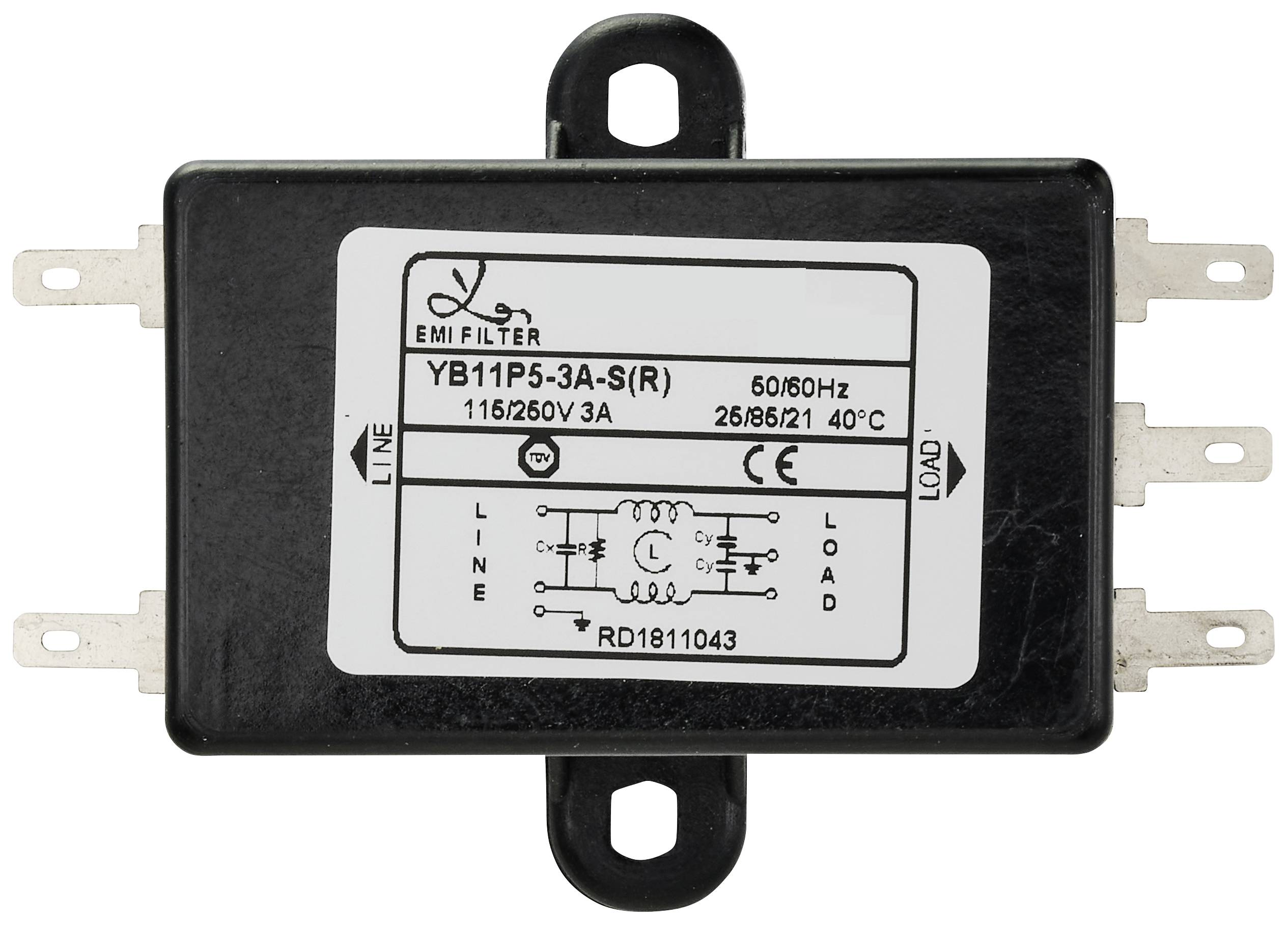 Ein rechteckiger EMI-Filter mit mehreren Anschlüssen. Aufkleber zeigt Spezifikationen: 115/260V, 3A, 50/60Hz, Temperaturbereich bis 40°C.