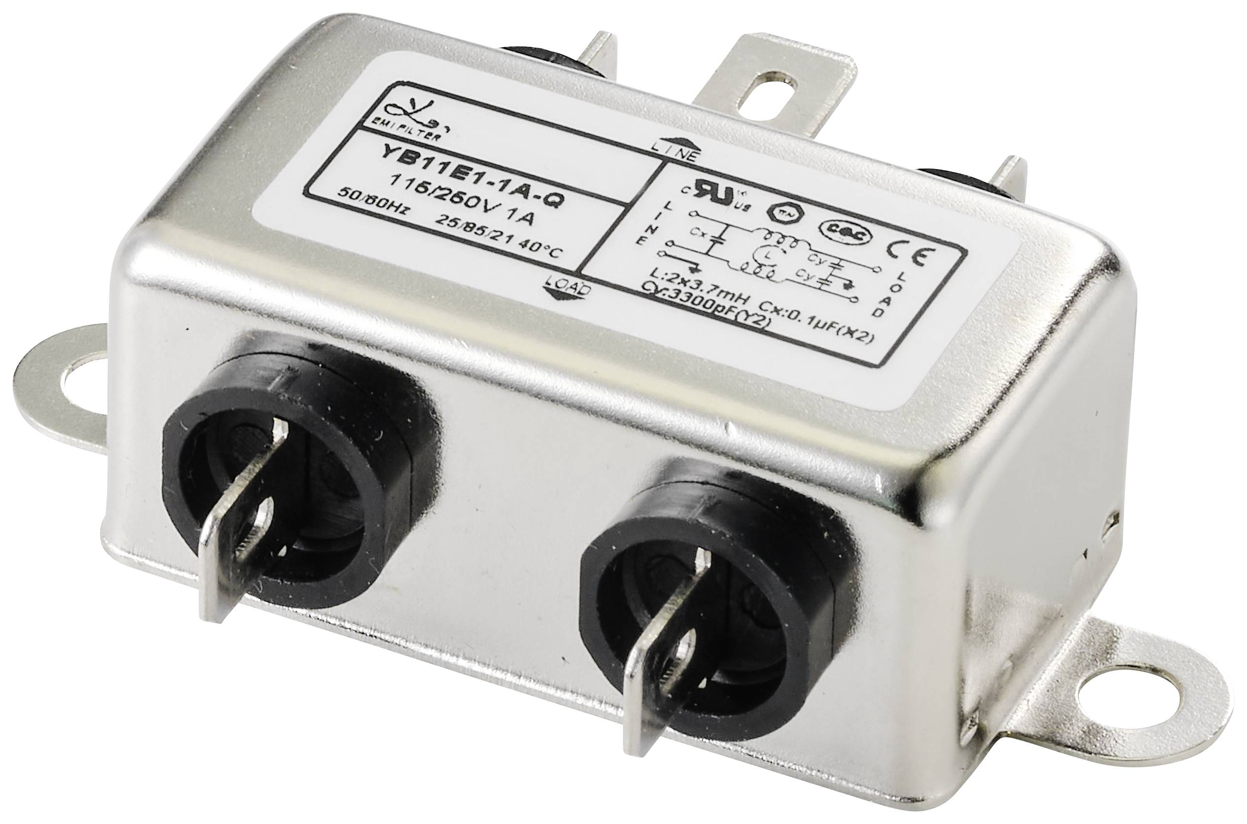 Ein rechteckiger elektronischer Bauteil mit zwei Steckanschlüssen, Modellnummer und Markenlogo auf einem Etikett, montierbar.