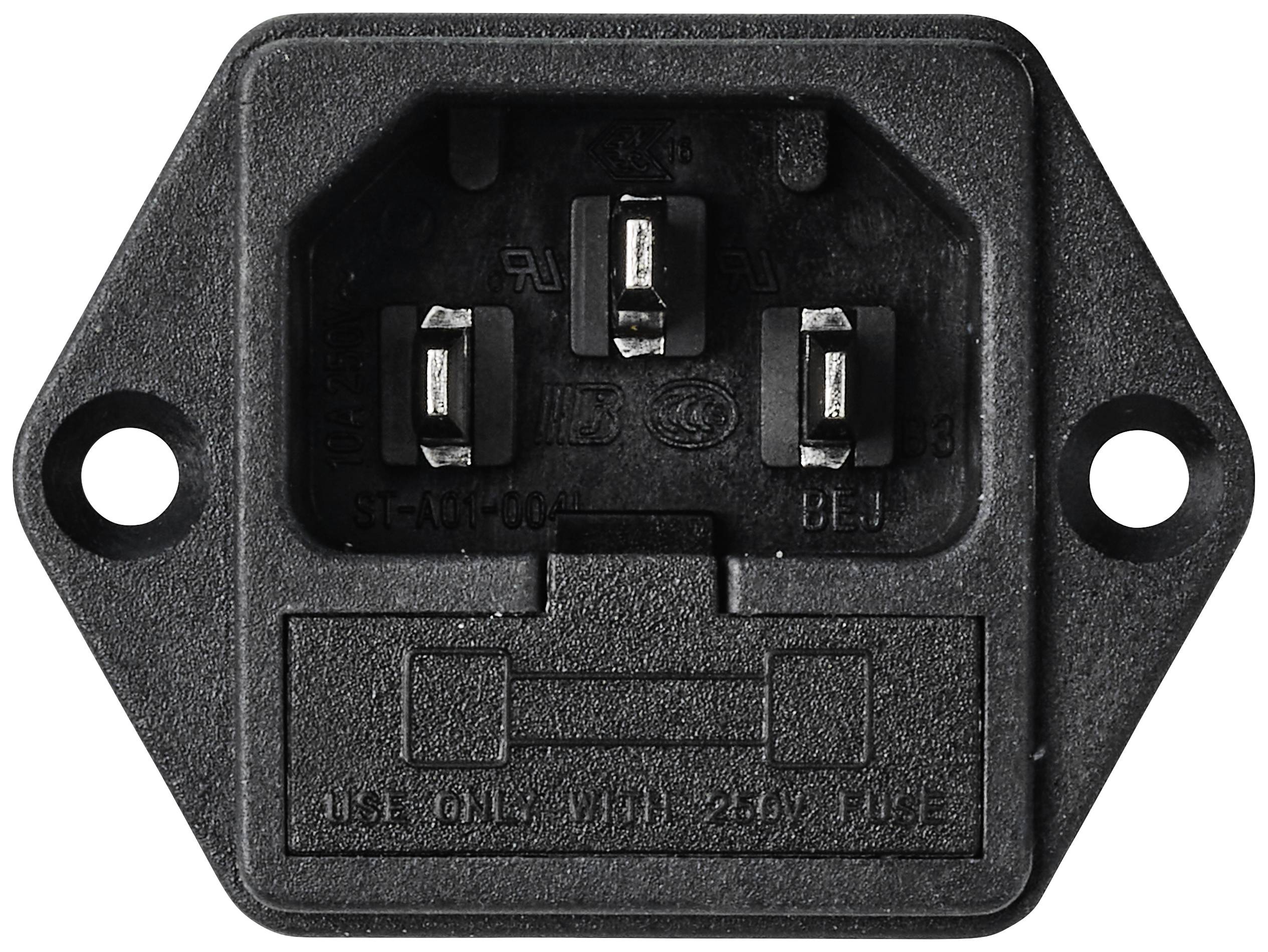 Schwarzer IEC-Steckverbinder mit drei metallischen Pins, rechteckige Form, geeignet zum Anschluss von Gerätekabeln an elektrische Geräte.