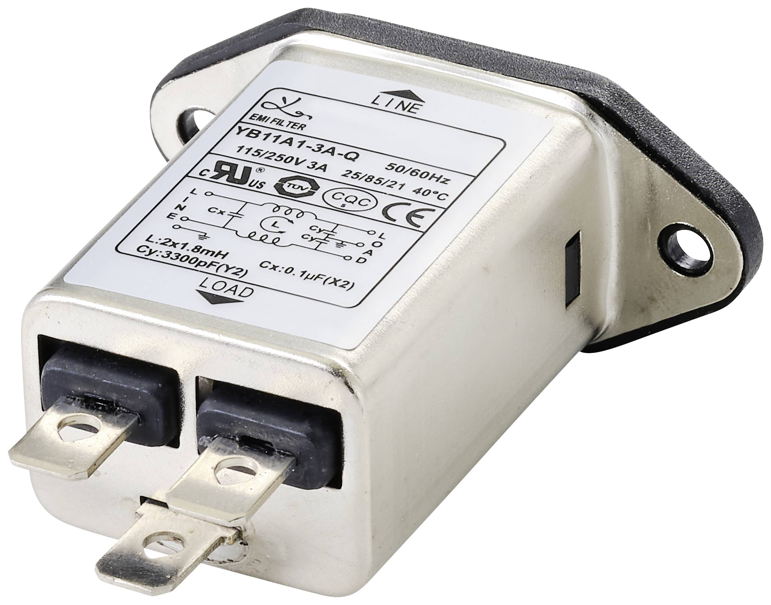 Ein rechteckiger elektrischer Netzfilter mit zwei Anschlussstiften und einem Datenetikett. Geeignet für 250V, 3A und 50/60Hz.