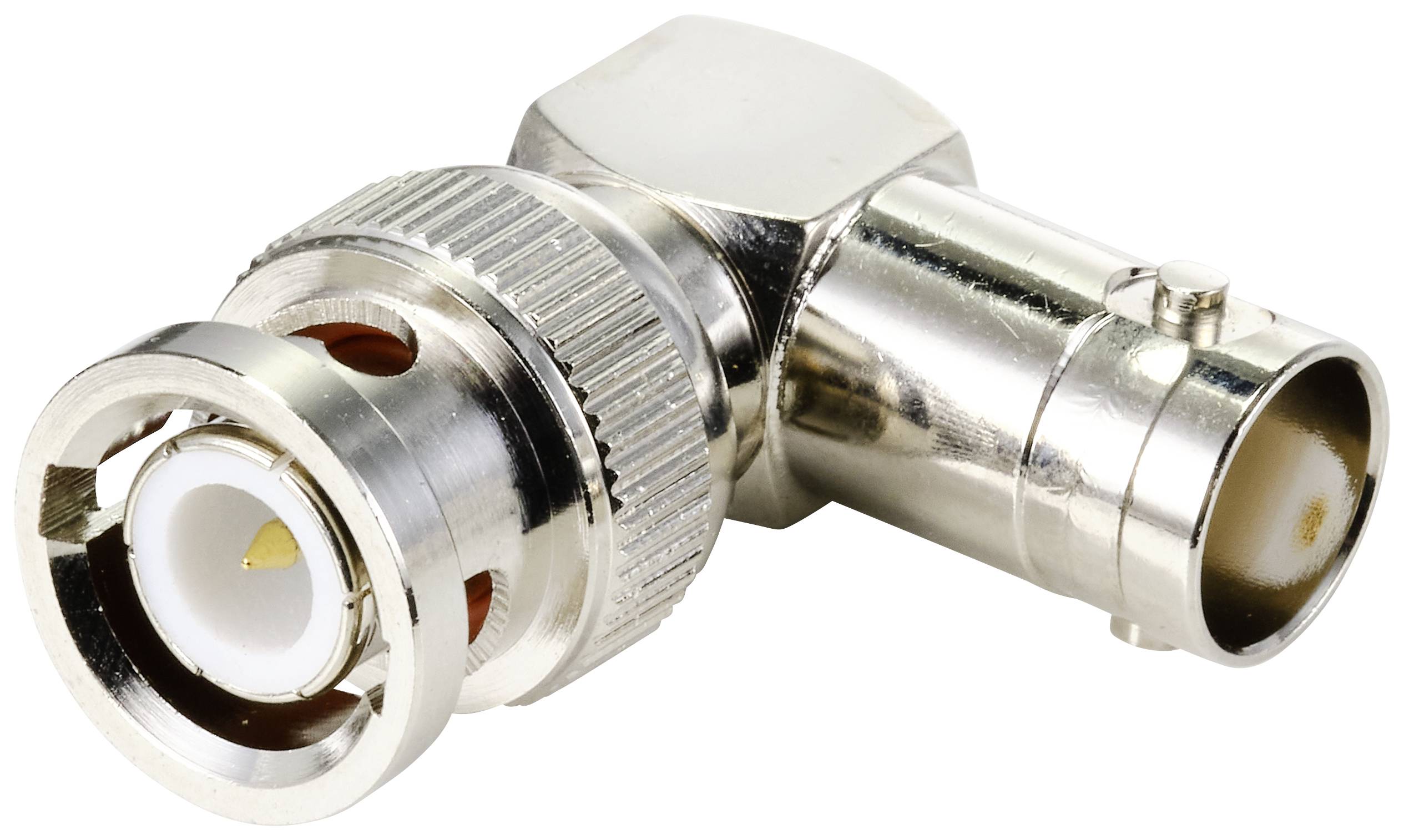 Ein BNC-Stecker, verwendet für koaxiale Kabelverbindungen in Funk- und Fernsehtechnik, geformt mit einem rechten Winkel zur Platzersparnis.