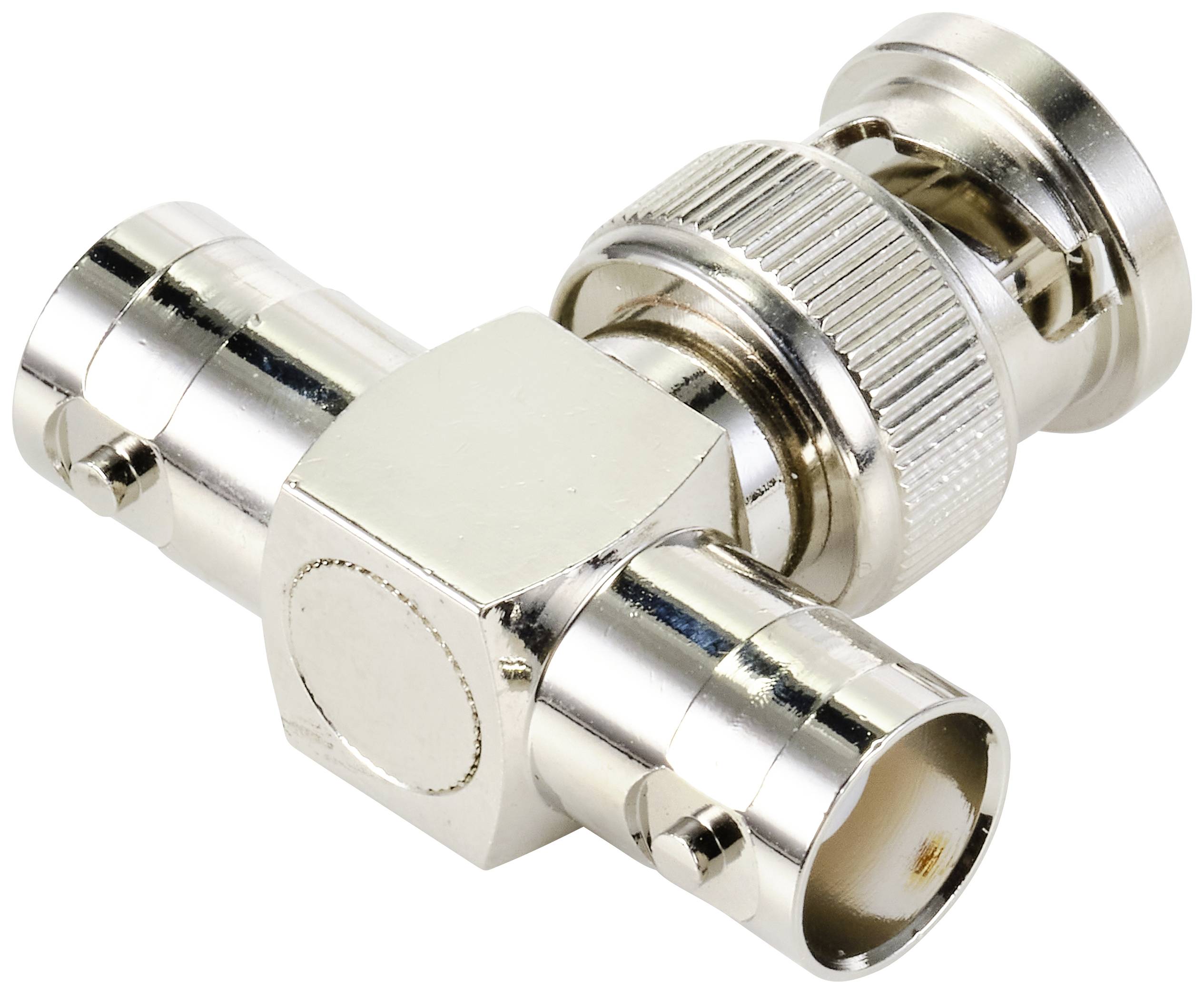 BNC T-Adapter aus Metall mit zwei Buchsen und einem Stecker, geeignet für koaxiale Kabelverbindungen in elektrischen Schaltungen.