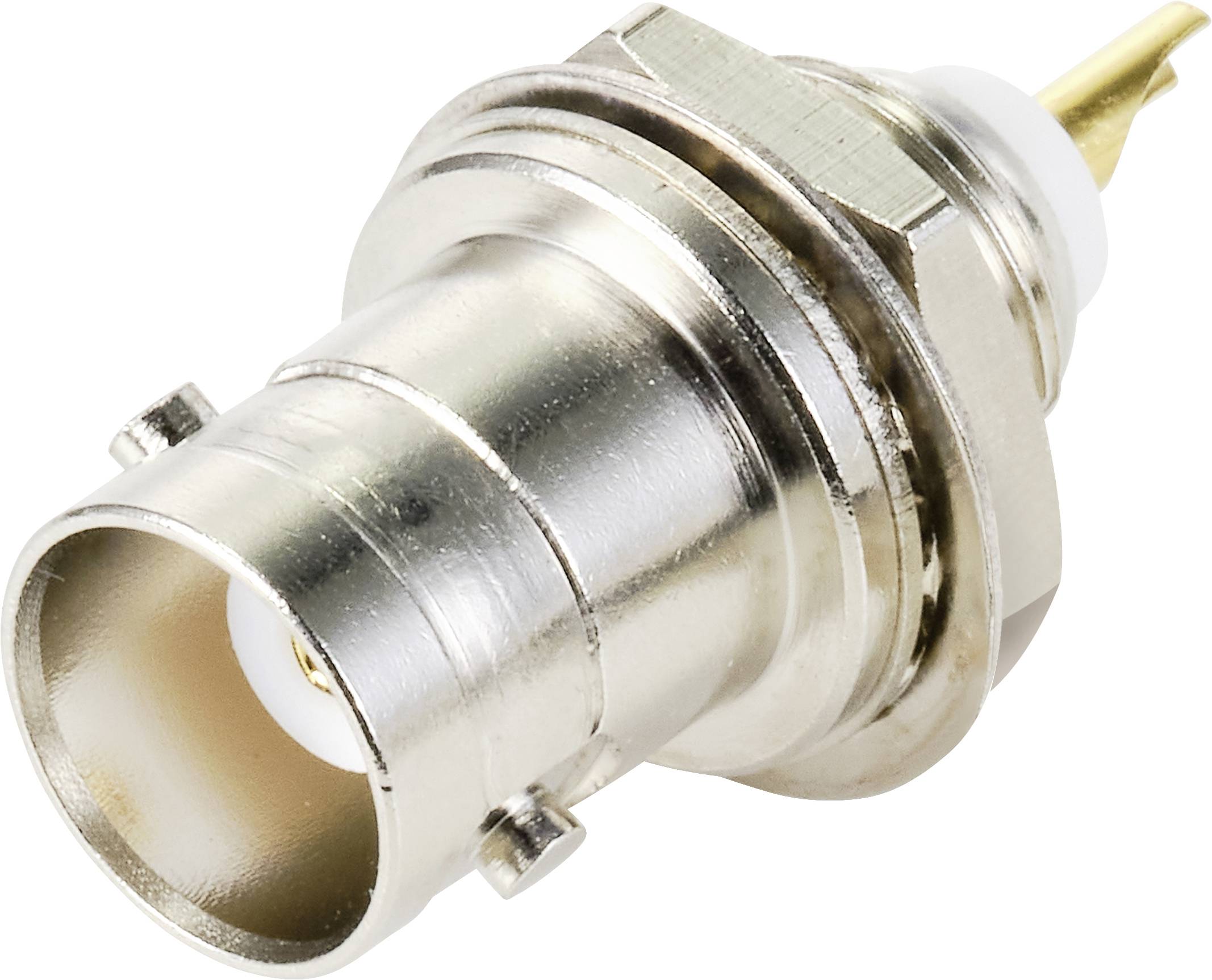 BNC-Stecker in Nahaufnahme, zeigt Metallgehäuse und koaxiales Design. Geeignet für RF-Anwendungen und Kabelverbindungen.