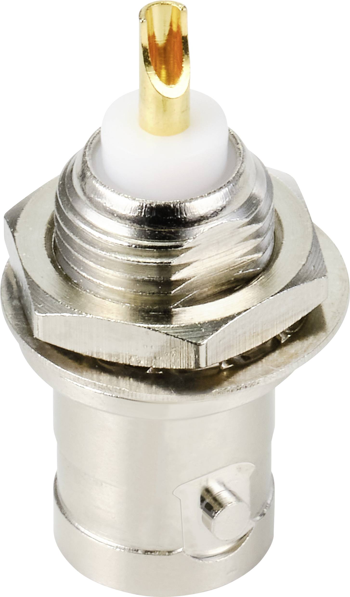 Ein HF-Steckverbinder mit goldbeschichtetem Stift und Metallgehäuse, verwendet für Hochfrequenzsignale in technischen Geräten.