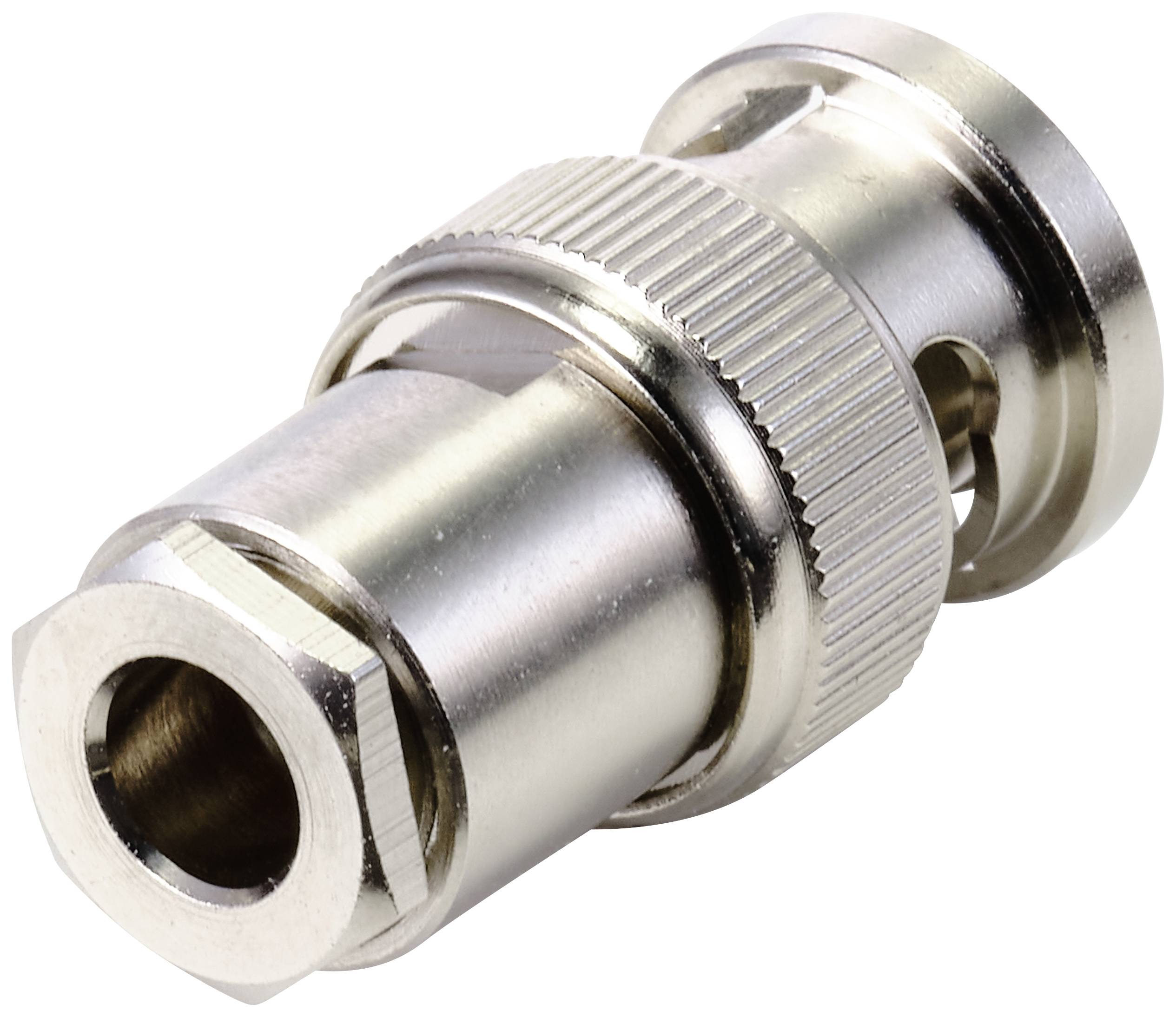 Ein Metall-BNC-Stecker mit gerändeltem Mittelteil und zylindrischer Form. Verwendet für koaxiale Kabelverbindungen in der Elektronik.