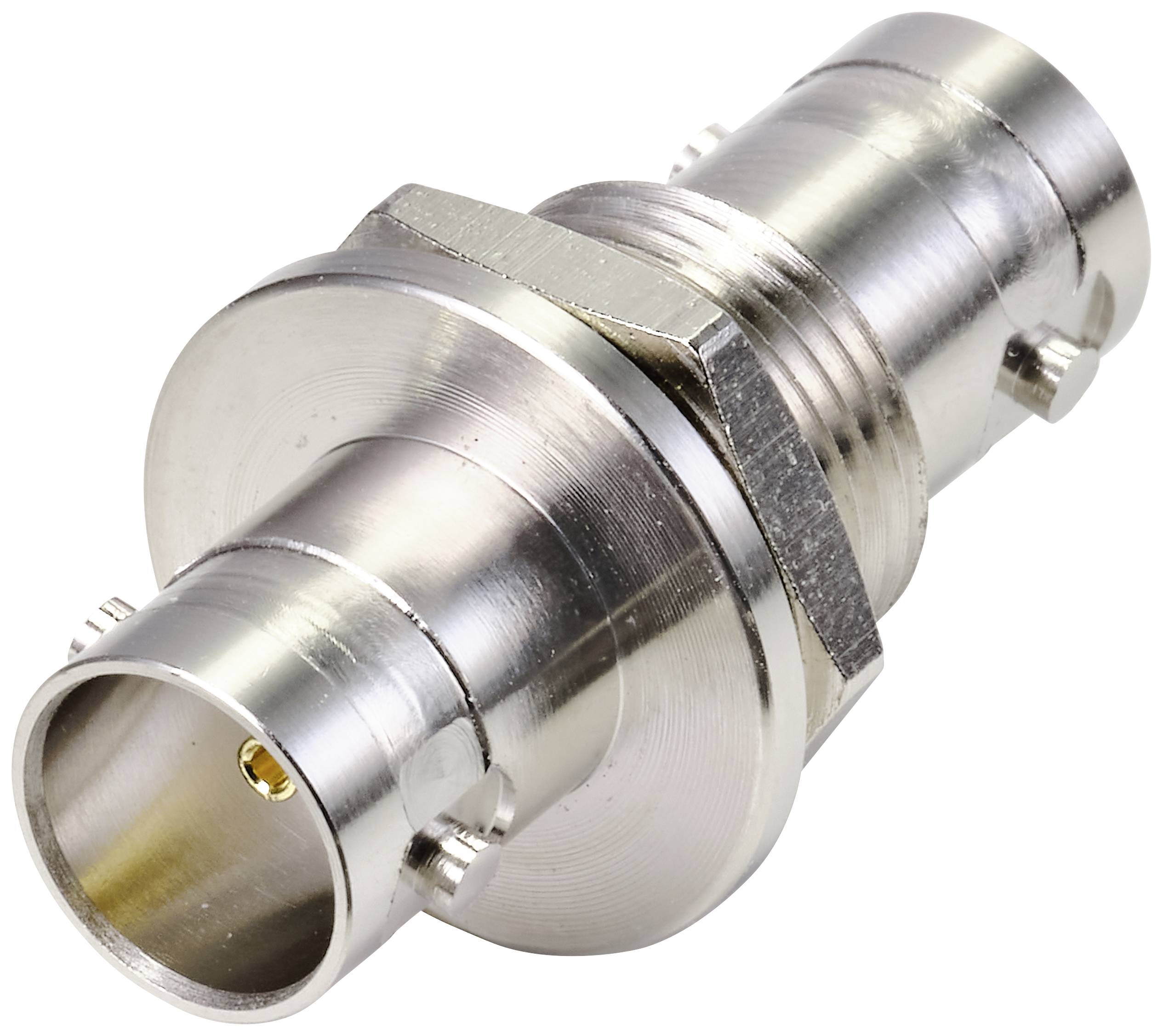 Silberner BNC-Adapter mit zylindrischer Form, geeignet für Koaxialkabelverbindungen in elektronischen Geräten.