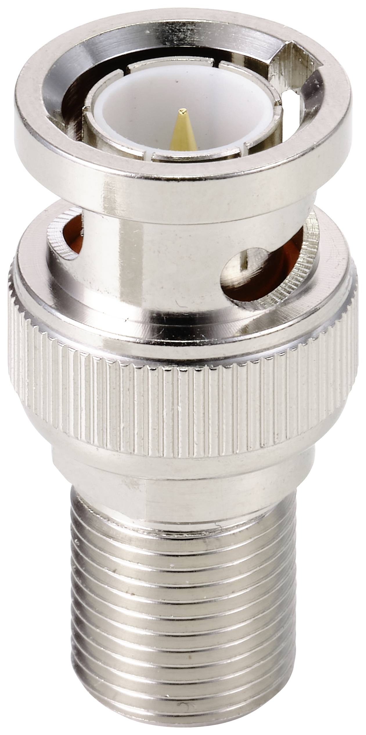 BNC-Stecker mit geriffeltem Griff aus Metall und isoliertem Mittelstift. Verwendet für koaxiale Kabelverbindungen.