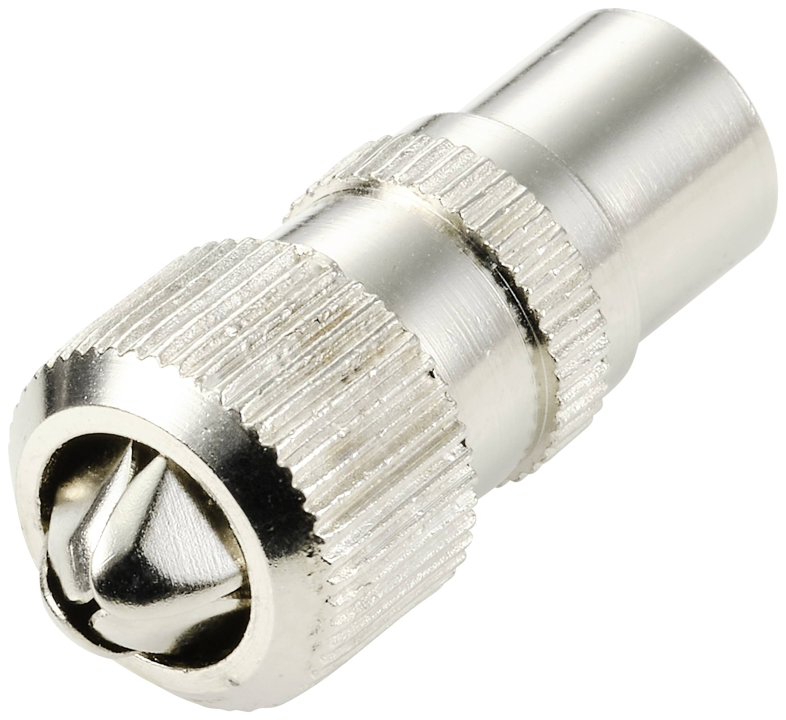 Ein metallischer Antennenstecker mit geriffelter Griffkante und zylindrischem Körper, geeignet für Koaxialkabelverbindungen.