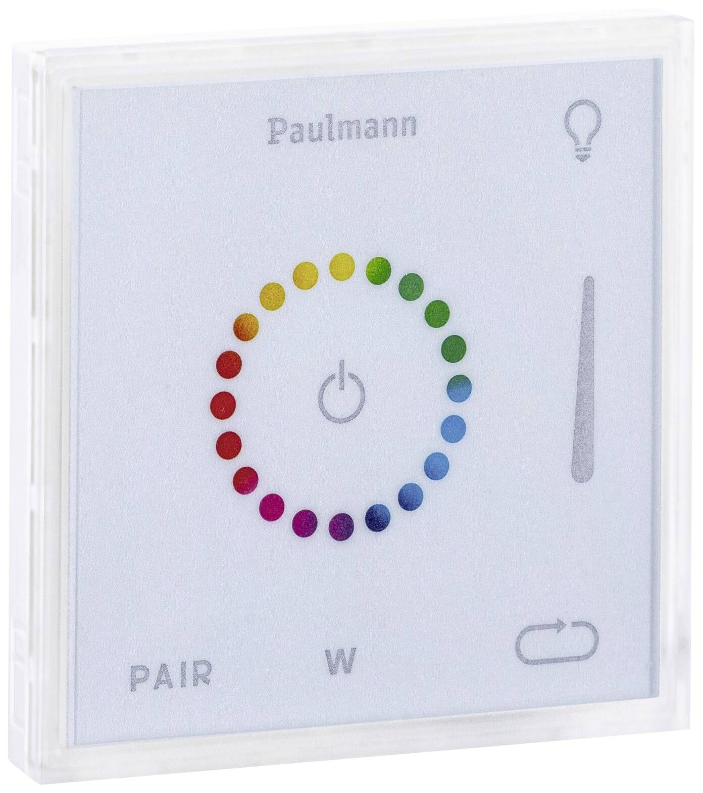 Touch-Panel zur Steuerung farbiger LED-Leuchten mit Farbkreis zur Farbauswahl und Helligkeitsregelung. Markierungen für 'Pair' und 'W'.