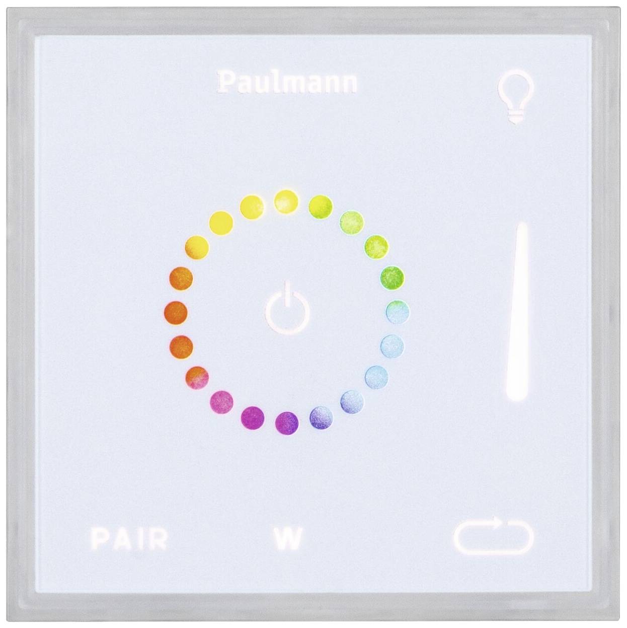 Weißes Touch-Bedienfeld mit Farbring und Lichtsymbol für Beleuchtungssteuerung. Markiert mit 'Paulmann', 'PAIR', 'W'; Ein/Aus-Schalter.