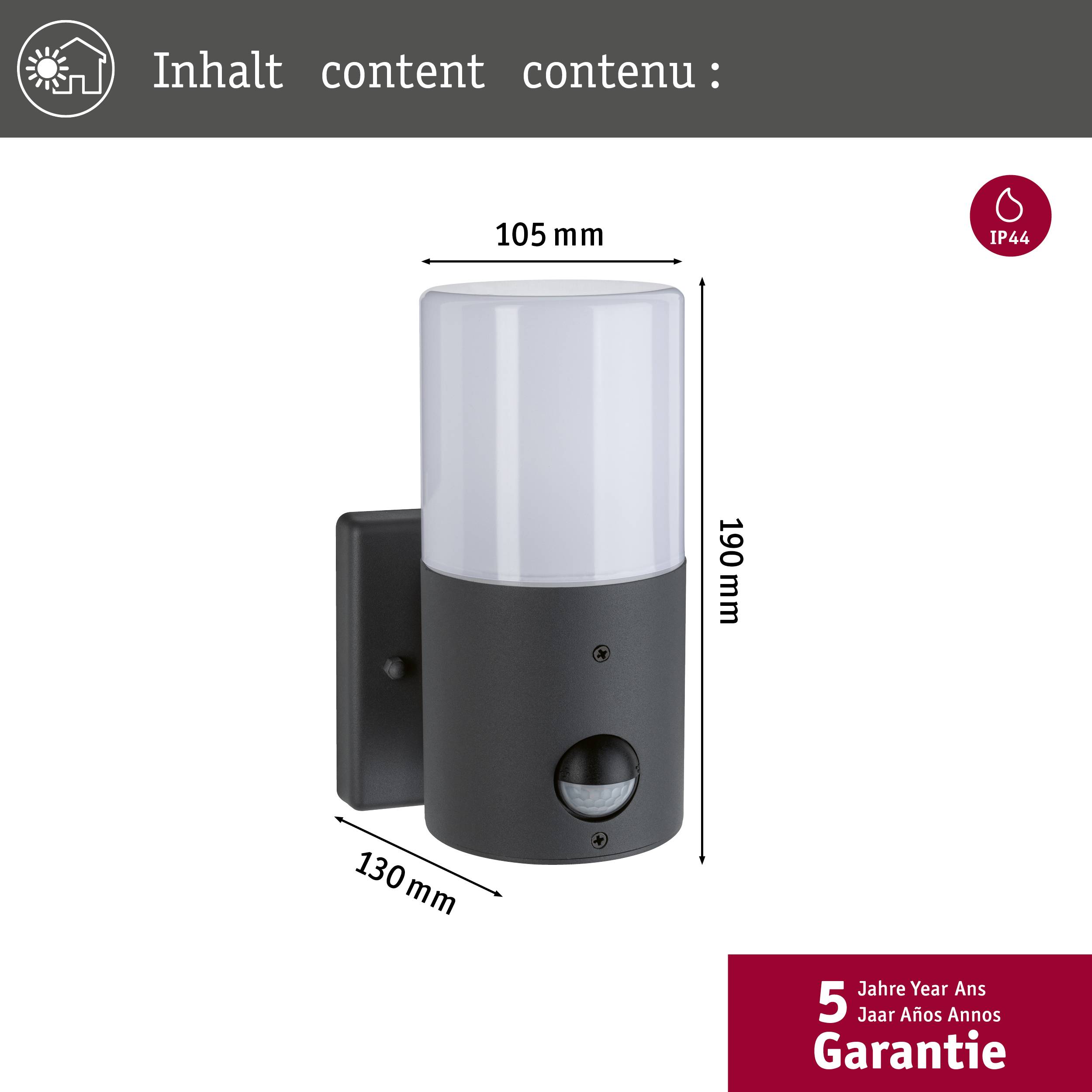 Paulmann Outd 230V Wandl Tubs PIR grau 94648 Außenwandleuchte mit Bewegungsmelder E27