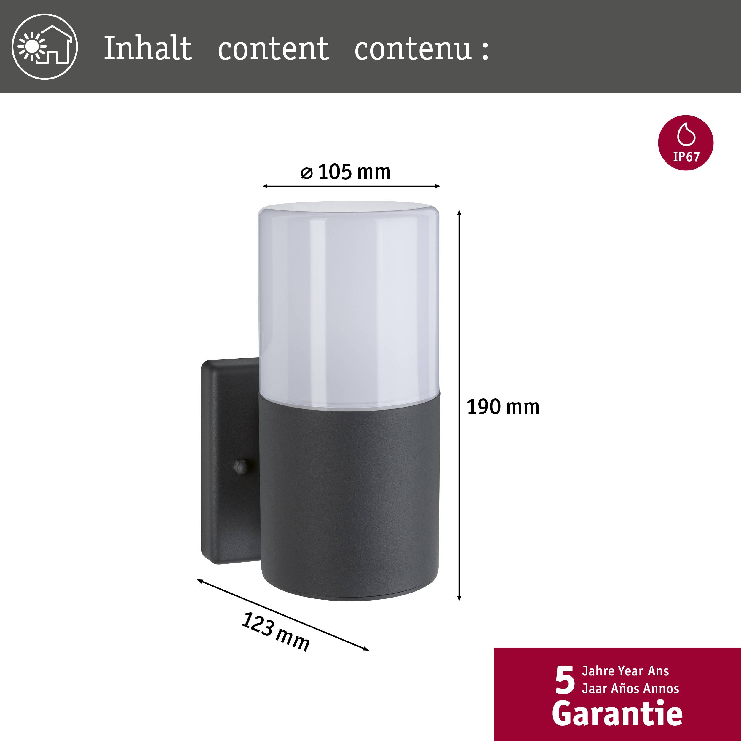 Paulmann Outd 230V Wandl Tubs grau 94649 Außenstandleuchte E27 Grau