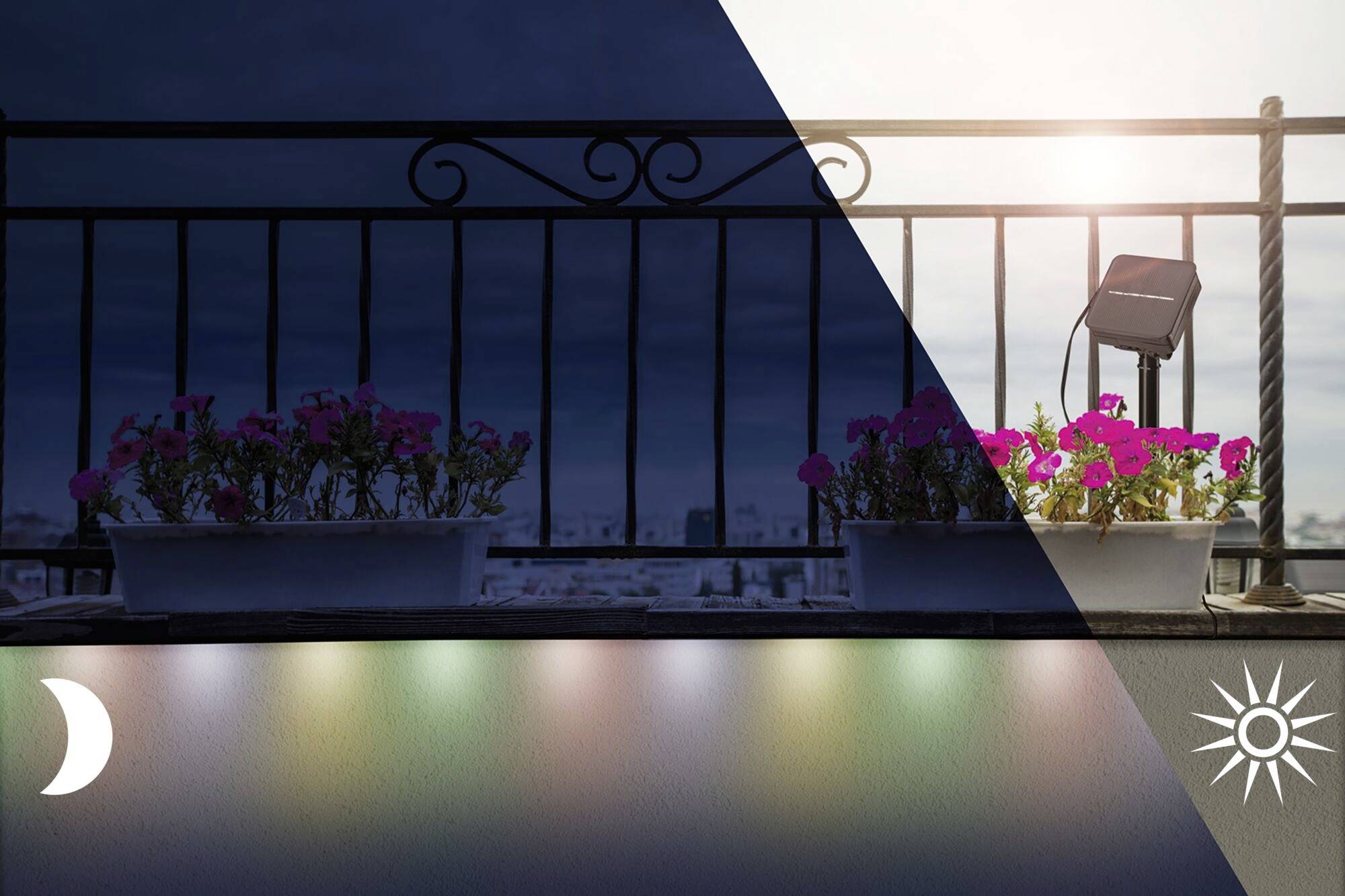 Ein Balkon mit blühenden Pflanzen. Links im Dunkeln, rechts im Sonnenlicht. Unten bunte Lichter. Symbolik von Tag und Nacht.