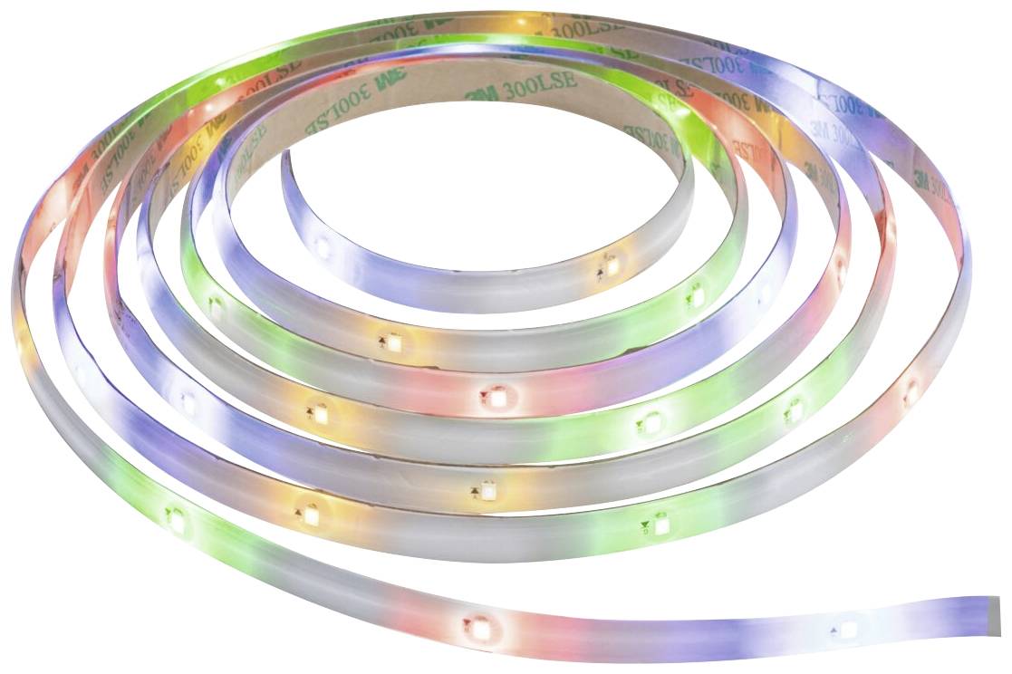 Leuchtstreifen in verschiedenen Farben, spiralförmig ausgerollt auf einer Oberfläche.