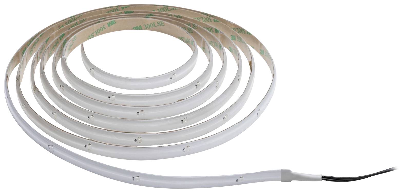Ein flexibler LED-Lichtstreifen, spiralförmig ausgelegt, mit einem Kabelanschluss am Ende. Ideal für stimmungsvolle Beleuchtung.