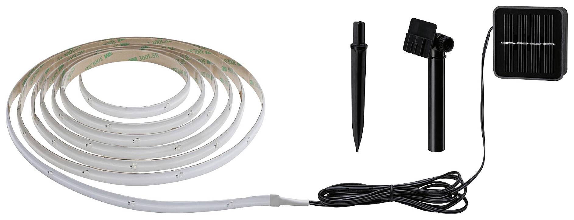 Lichtband mit Solarpanel und Zubehörteilen. Enthält Erdspieß, Halterung und Kabel. Eignet sich für Outdoor-Beleuchtung.