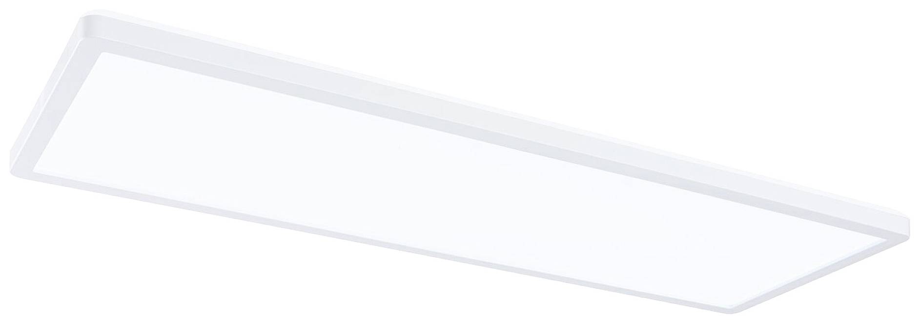 Rechteckige LED-Deckenleuchte mit weißem Rahmen, geeignet für Büro- oder Wohnbereiche. Sie bietet gleichmäßige Lichtverteilung.
