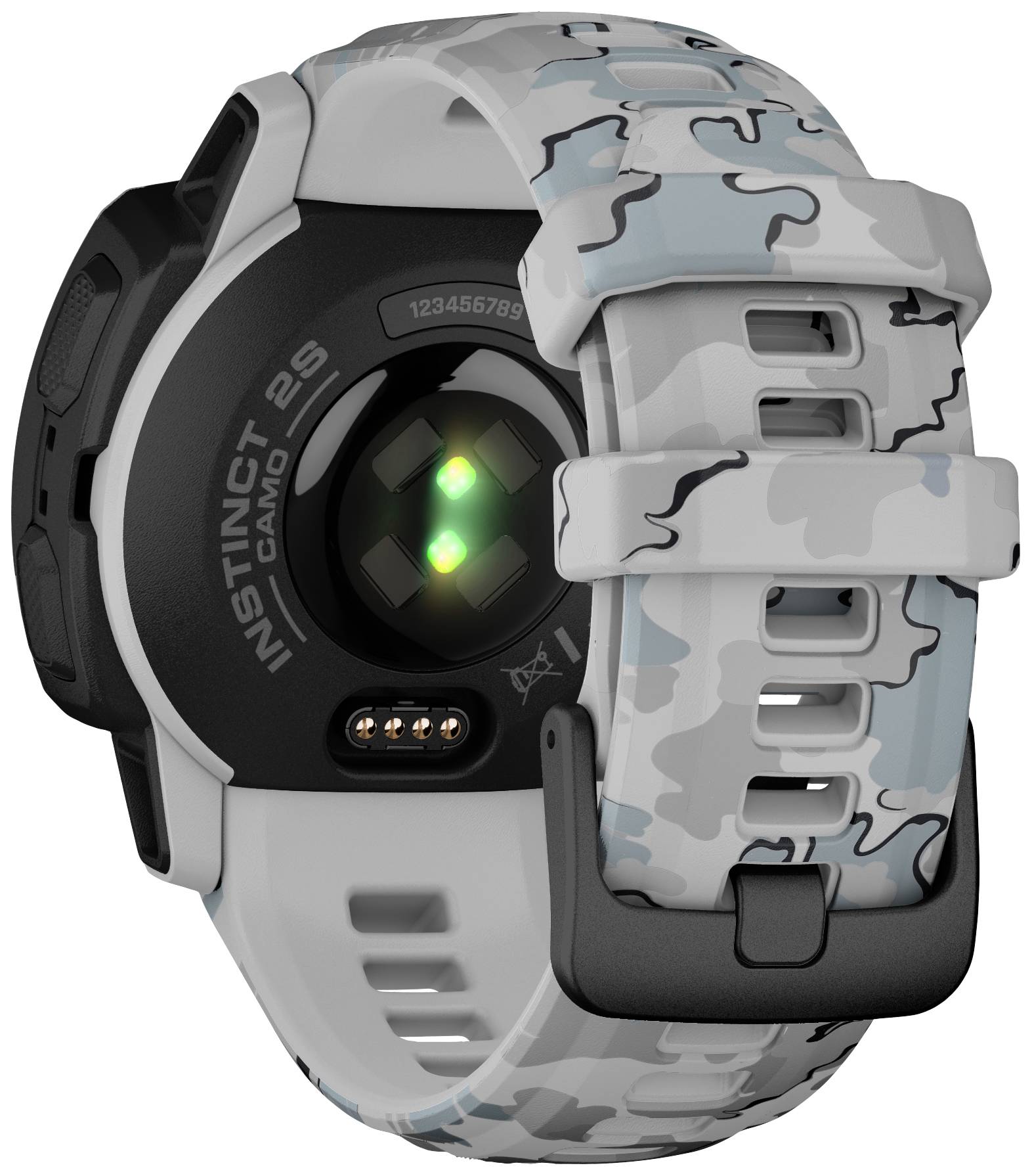 Smartwatch-Rückseite mit grauem, getarntem Armband und leuchtendem grünen Lichtsensor, zeigt Modell 'Instinct 2S Camo'.