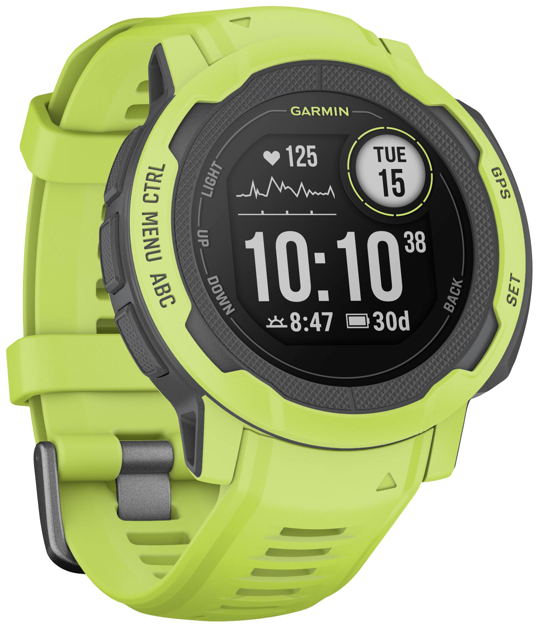 Eine grüne Smartwatch zeigt die Uhrzeit 10:10, Herzfrequenz 125 und Datum Dienstag, den 15. Sie hat mehrere Funktionen auf der Lünette.