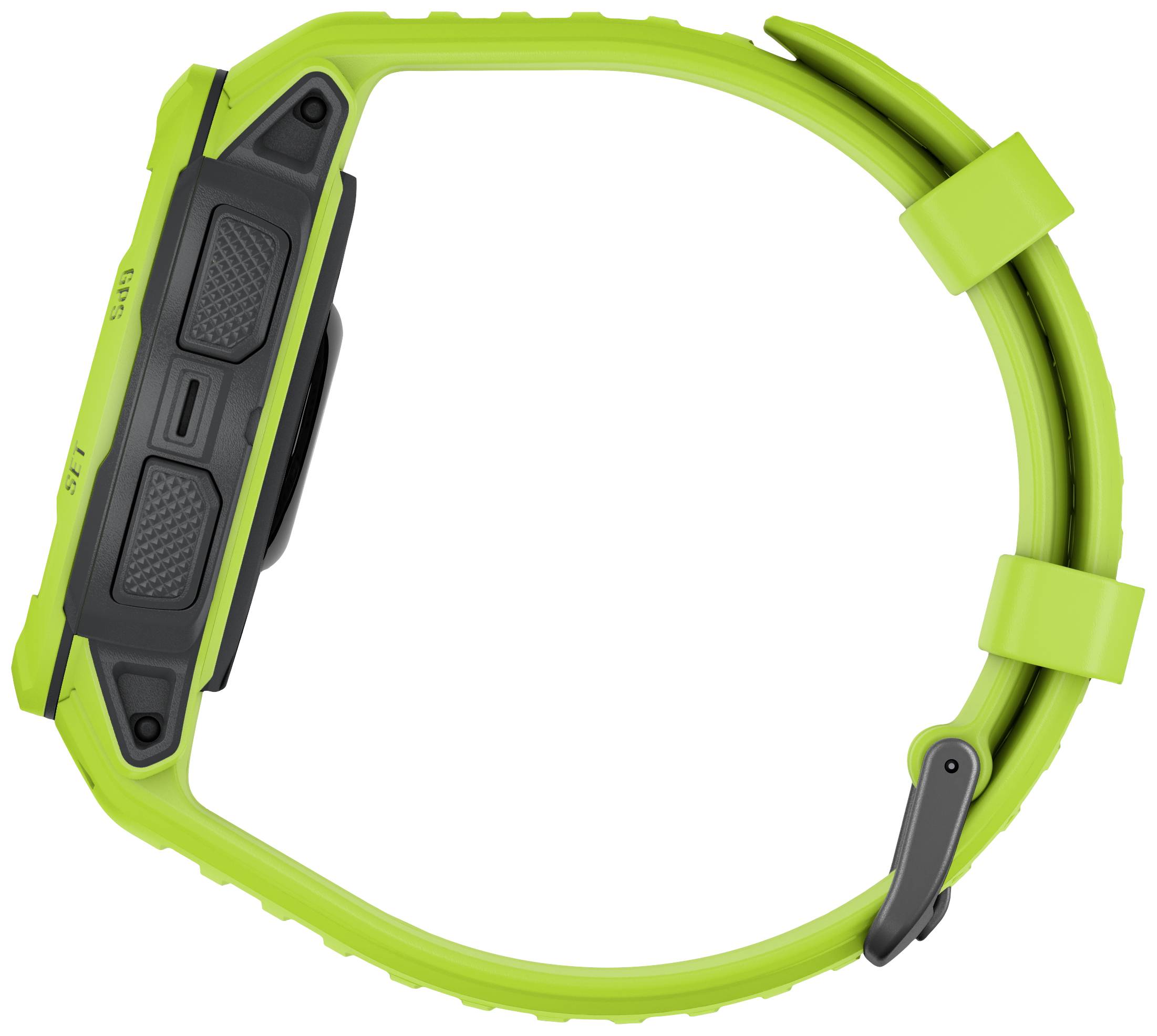 Grüne Armbanduhr mit schwarzem Gehäuse, seitliche Ansicht.