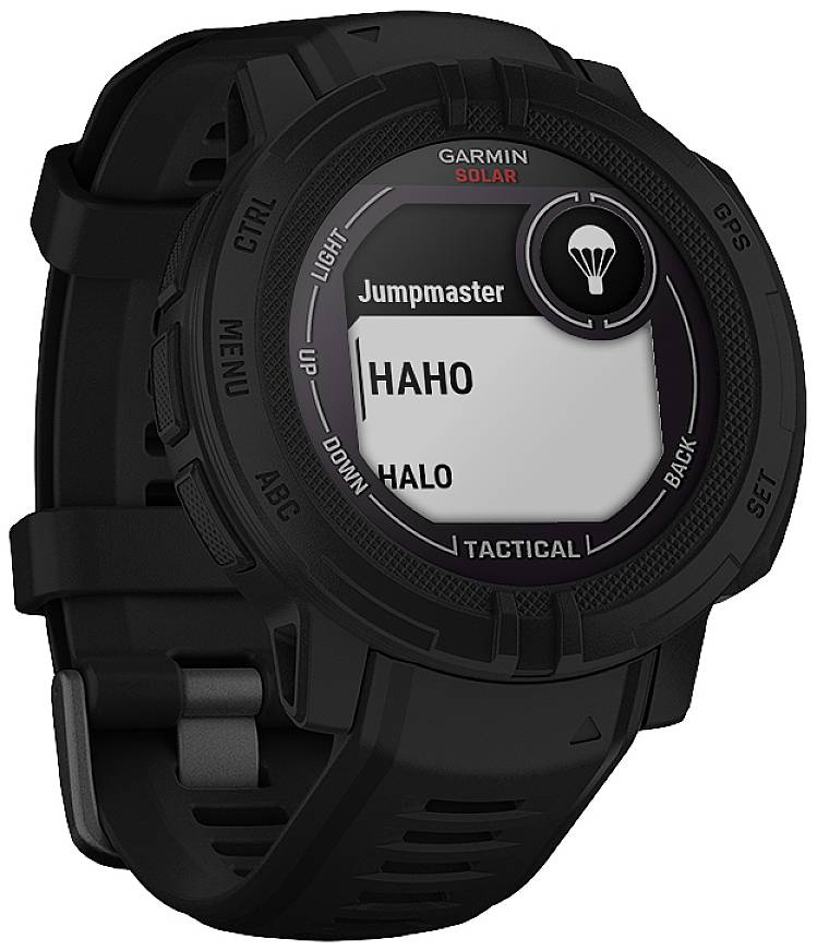 Schwarze Sportuhr mit rundem Display, zeigt Optionen 'Jumpmaster', 'HAHO', 'HALO'. Markenname oben, Tasten an der Seite.