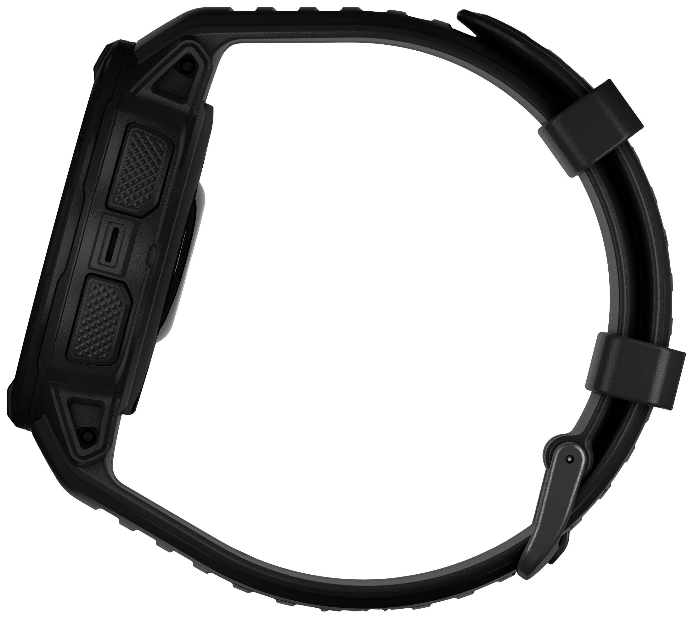 Schwarze Sportuhr mit rutschfestem Armband, Seitenansicht zeigt robustes Design, geeignet für Outdoor-Aktivitäten.