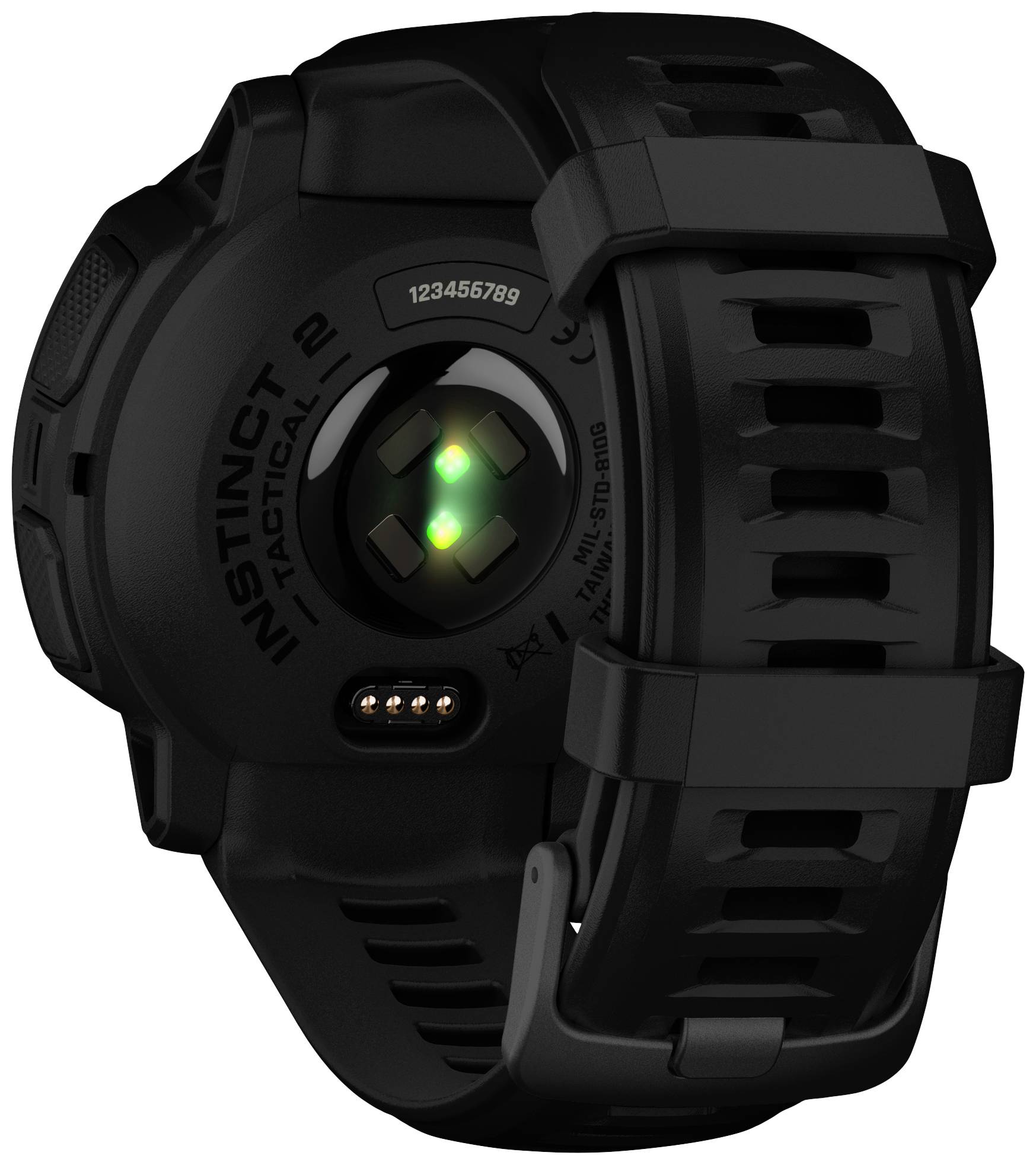 Schwarze Smartwatch-Rückseite mit grünem LED-Licht. Zeigt Sensoren und Modellnummer '123456789'.