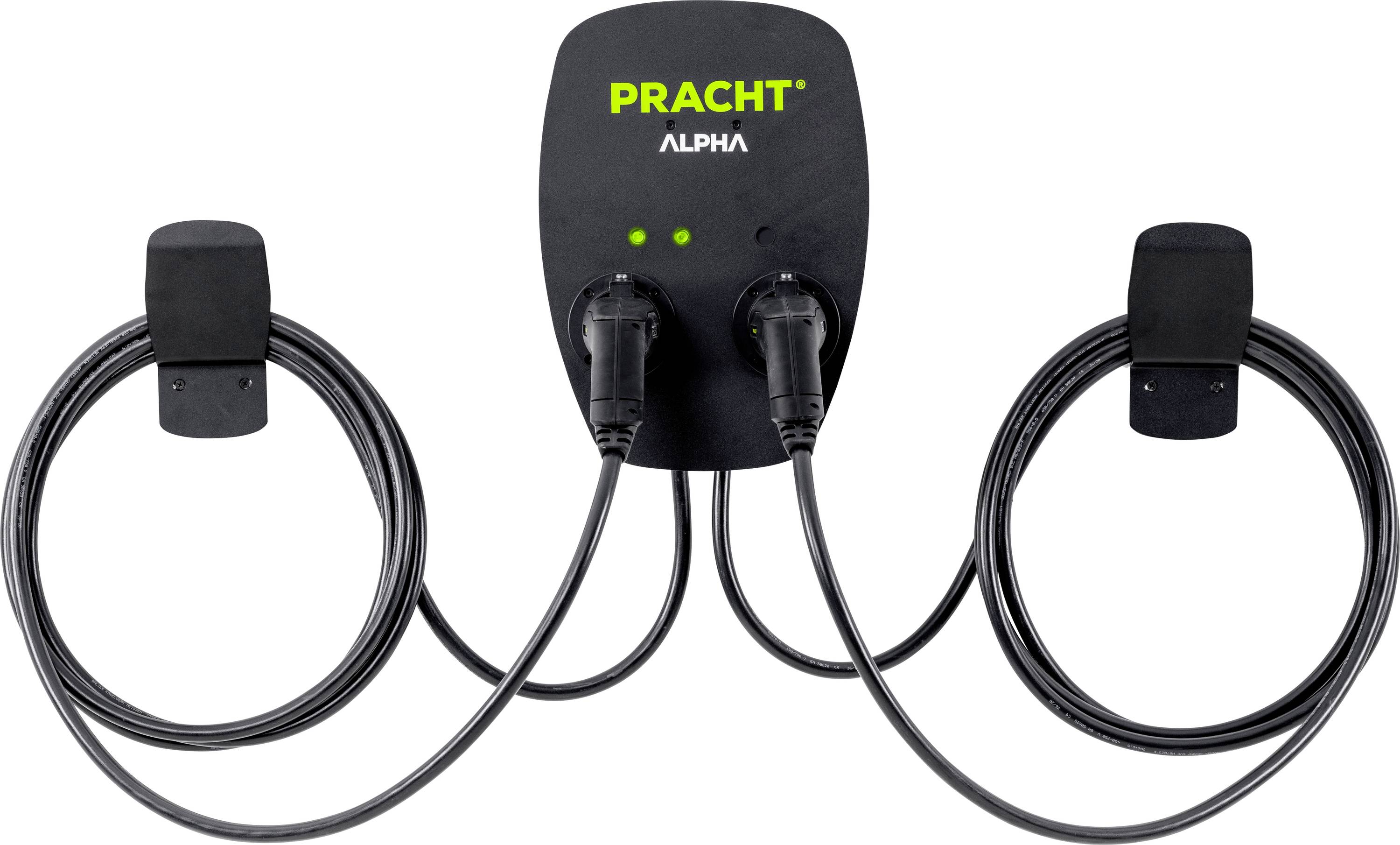 Ladestation für Elektrofahrzeuge 'PRACHT ALPHA' mit zwei Kabeln und Steckern, grün leuchtende Anzeigen, an der Wand montiert.