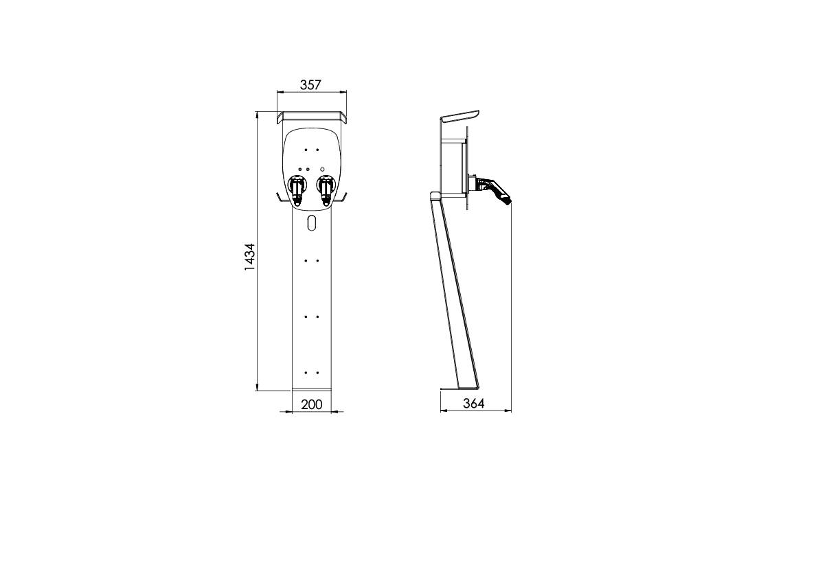 Zeichnung eines Wasserspenders mit Maßen: 1343 mm Höhe, 357 mm Breite, 200 mm Tiefe. Zwei Wasserhähne und seitliche Ansicht.