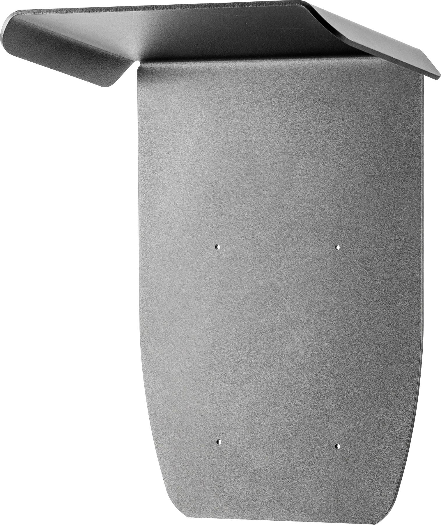 Graue Wandhalterung aus Metall mit abgewinkeltem oberen Rand und vier Befestigungslöchern. Schlichtes, modernes Design.