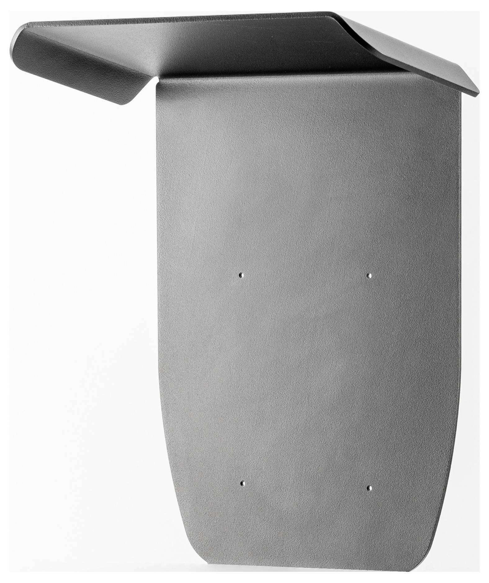 Eine graue, minimalistische Wandhalterung aus Metall mit abgerundeten Kanten und vier Befestigungslöchern.