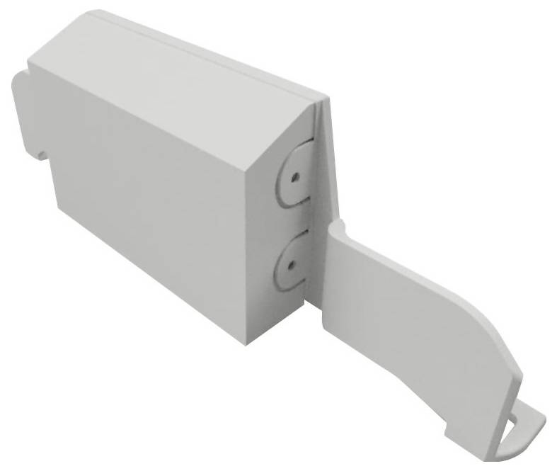 Graues Bauteil mit rechteckiger Form und einem abstehenden Arm rechts, wahrscheinlich ein mechanisches oder elektrisches Gehäuse.