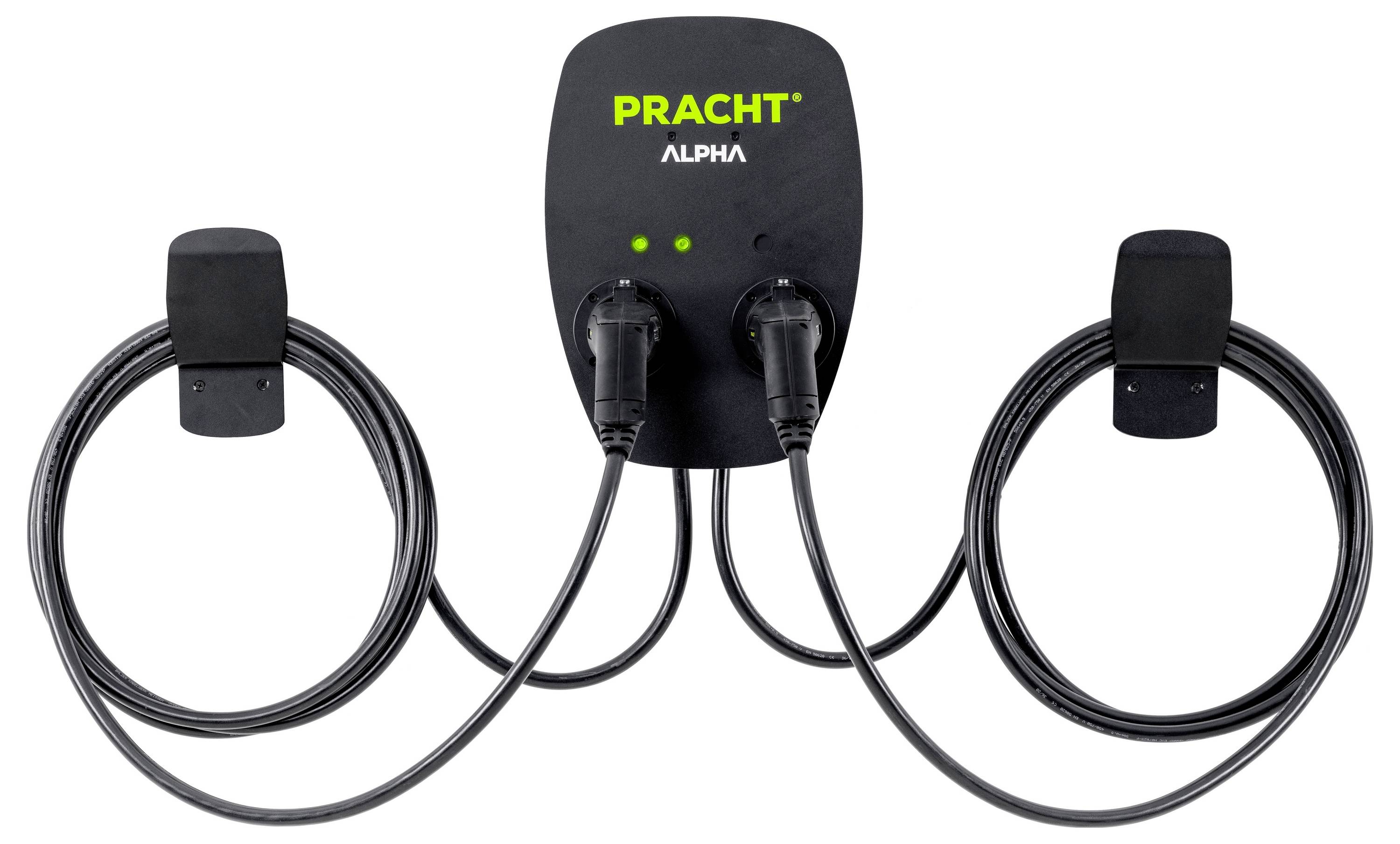 Ladestation mit zwei Steckern, schwarzem Gehäuse und grüner Aufschrift 'PRACHT ALPHA'; Kabelhalterungen an den Seiten.