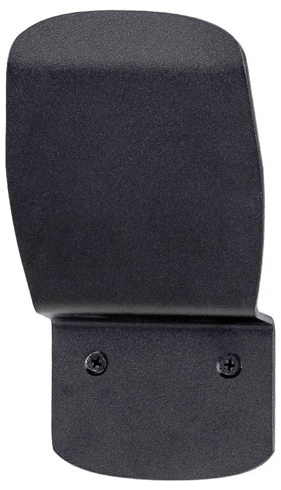 Eine schwarze, wandmontierte Halterung mit zwei Schrauben an der Unterseite, wahrscheinlich für das Aufhängen von Gegenständen.
