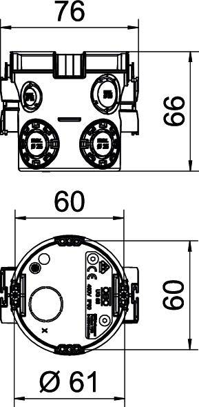 Technische Zeichnung eines elektronischen Geräts mit Abmessungen: Breite 76 mm, Höhe 96 mm, Durchmesser 61 mm. Detailansicht von zwei Seiten.