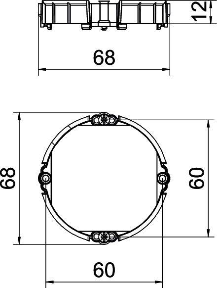 Technische Zeichnung einer runden Unterputzdose mit den Maßen: 68 mm Durchmesser, 60 mm Innendurchmesser, 42 mm Tiefe.