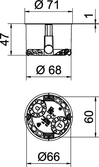 Technische Zeichnung eines zylindrischen Objekts mit Durchschnitten und Maßen: Durchmesser 71 mm außen, 68 mm innen, Höhe 47 mm.
