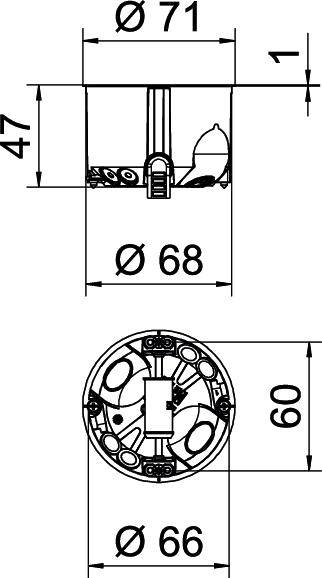 Technische Zeichnung einer runden Dose mit Maßen: Durchmesser 68 mm, Tiefe 47 mm, Gesamtdurchmesser 71 mm. Zeigt Details der Innenstruktur.