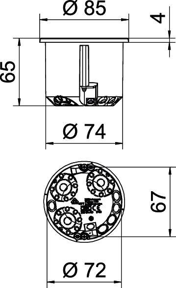 Technische Zeichnung einer runden Einbaudose mit Maßen: Durchmesser 85 mm, Tiefe 65 mm, Einbaudurchmesser 74 mm, Schraubenpositionen markiert.