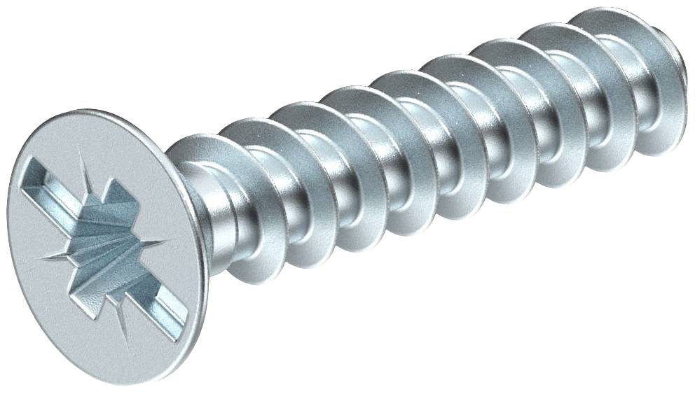 Metallschraube mit Kreuzschlitzkopf und Maschinengewinde, silbern, horizontal ausgerichtet.