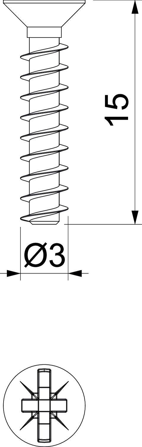 Schraubenzeichnung mit Gewinde, Gesamtlänge 15 mm, Durchmesser 3 mm. Ansicht zur verdeutlichten Inkompatibilität mit einem Kreuzschlitz.
