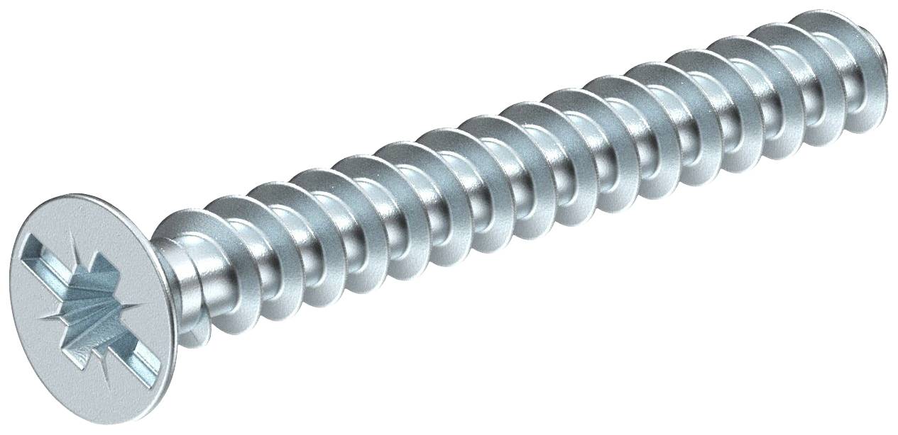 Eine Metallschraube mit Schlitzkopf. Sie hat ein gleichmäßiges Gewinde entlang des Schafts.