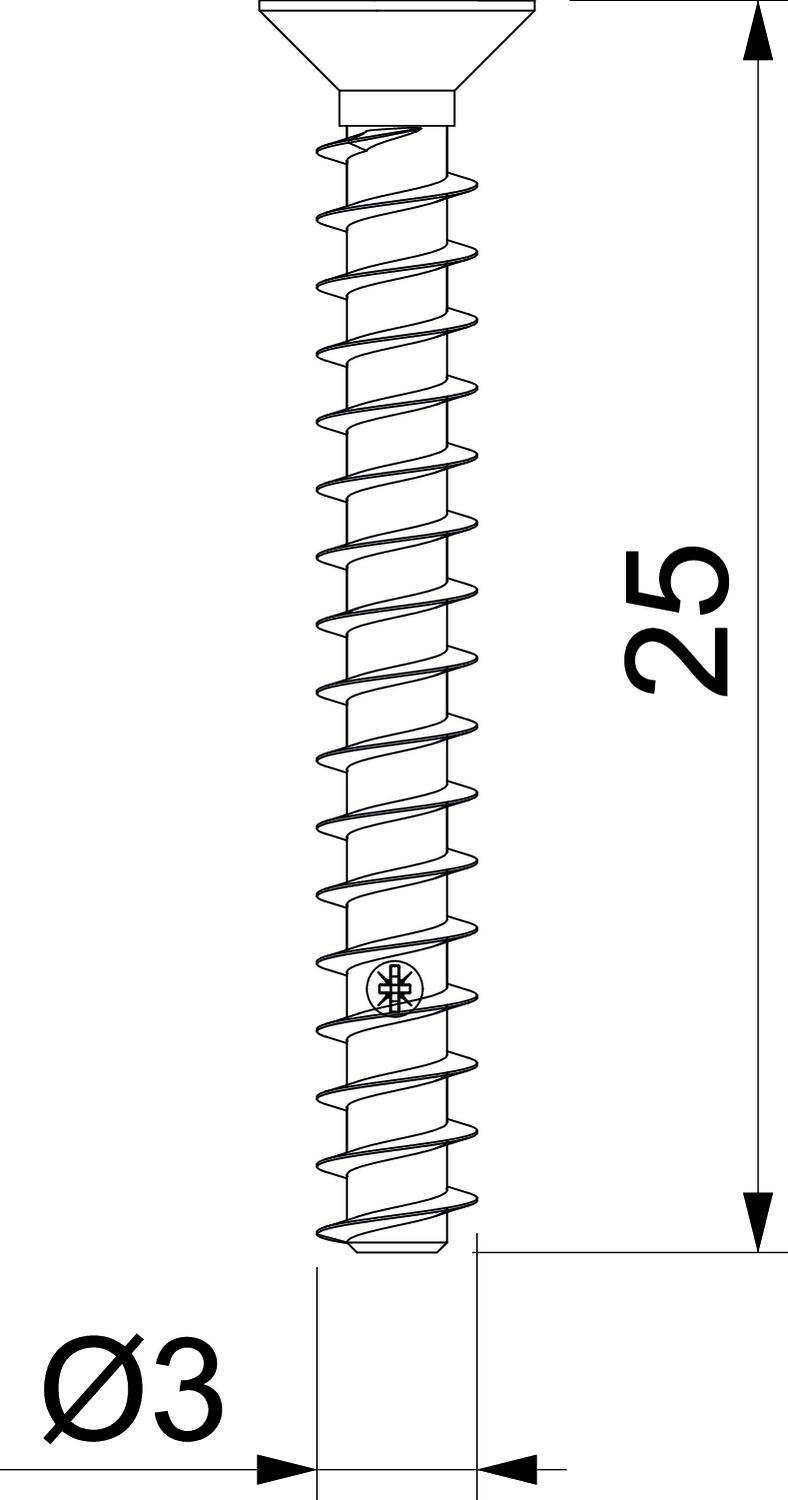 Illustration einer Schraube mit den Maßen: Länge 25 mm, Durchmesser 3 mm.