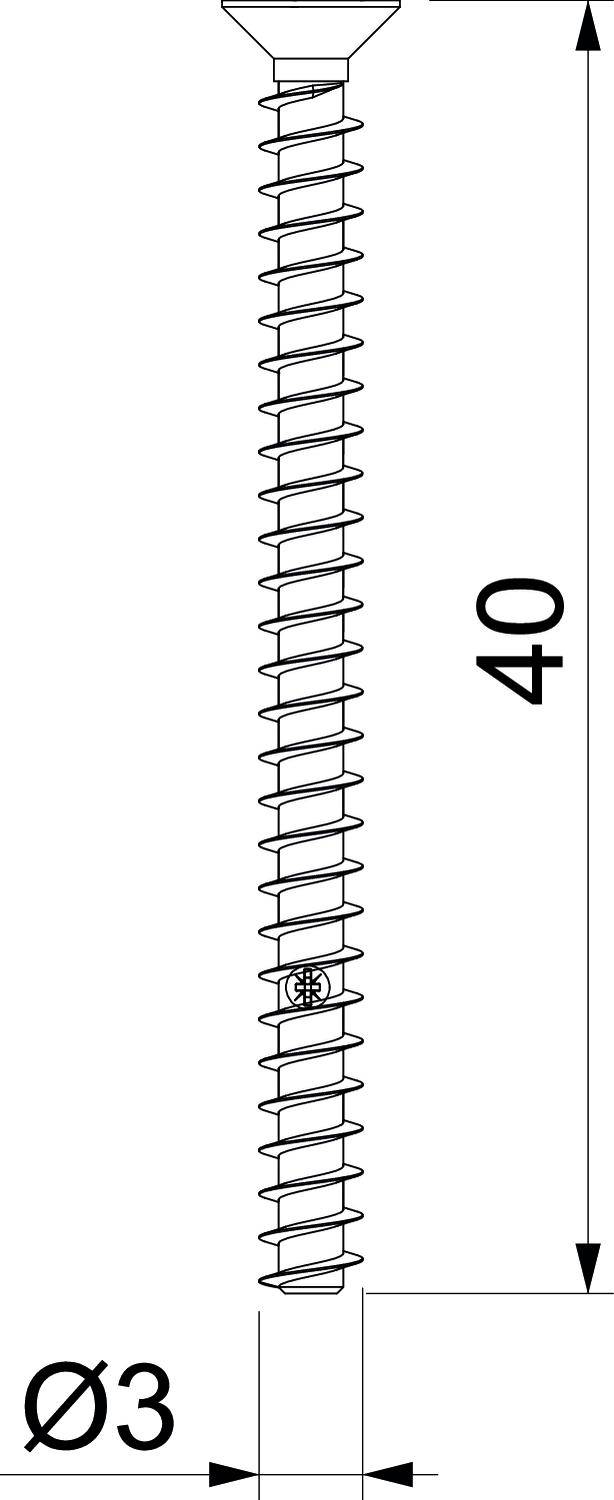 Zeichnung einer Schraube mit einer Länge von 40 mm und einem Durchmesser von 3 mm.
